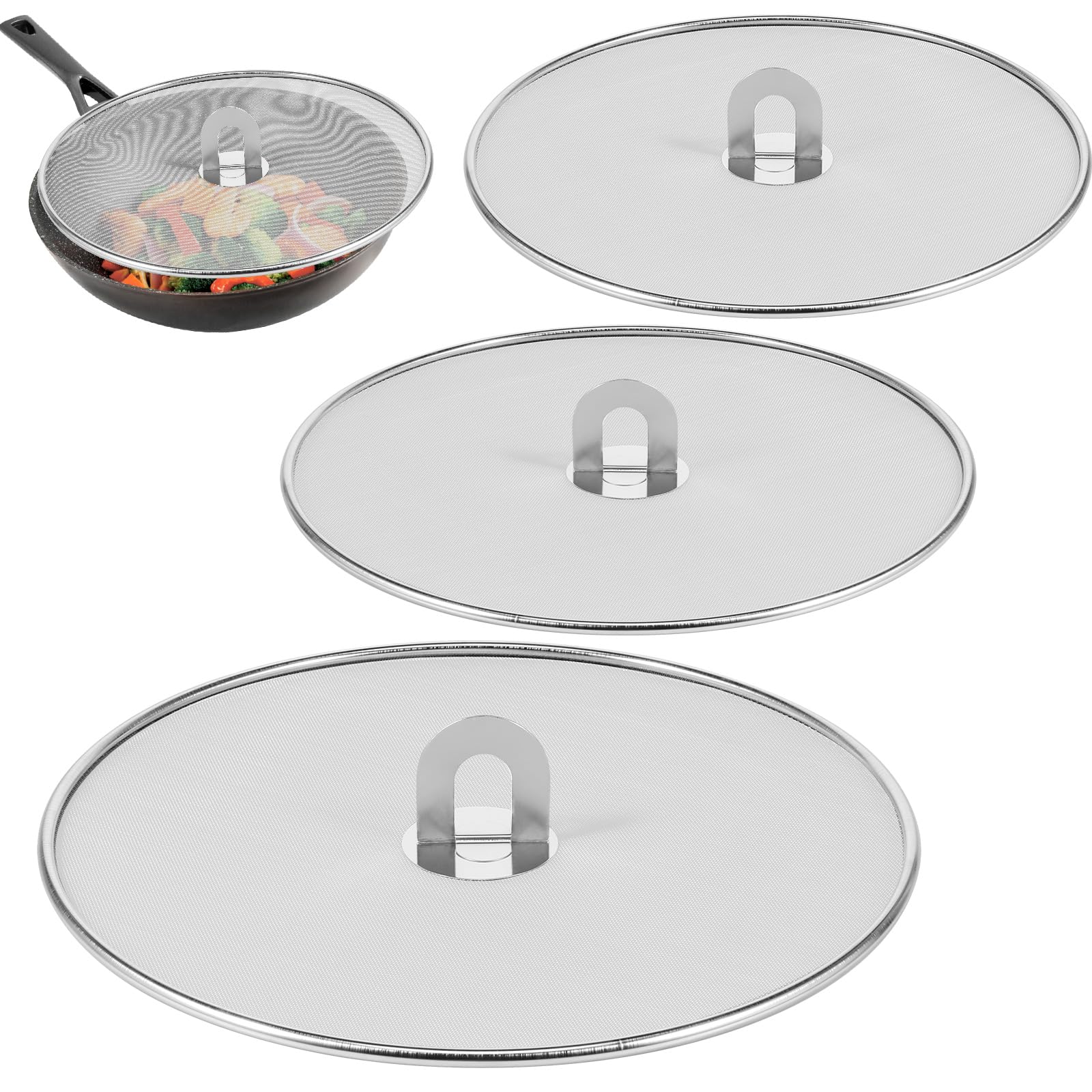 Splatter Screen for Cooking, 3Pcs Splatter Guard Proof Oil Splatter Cover with Foldable Handle Stainless Steel Frying Pan Mesh Oil Proofing Lids for Kitchen Cooking (9.8