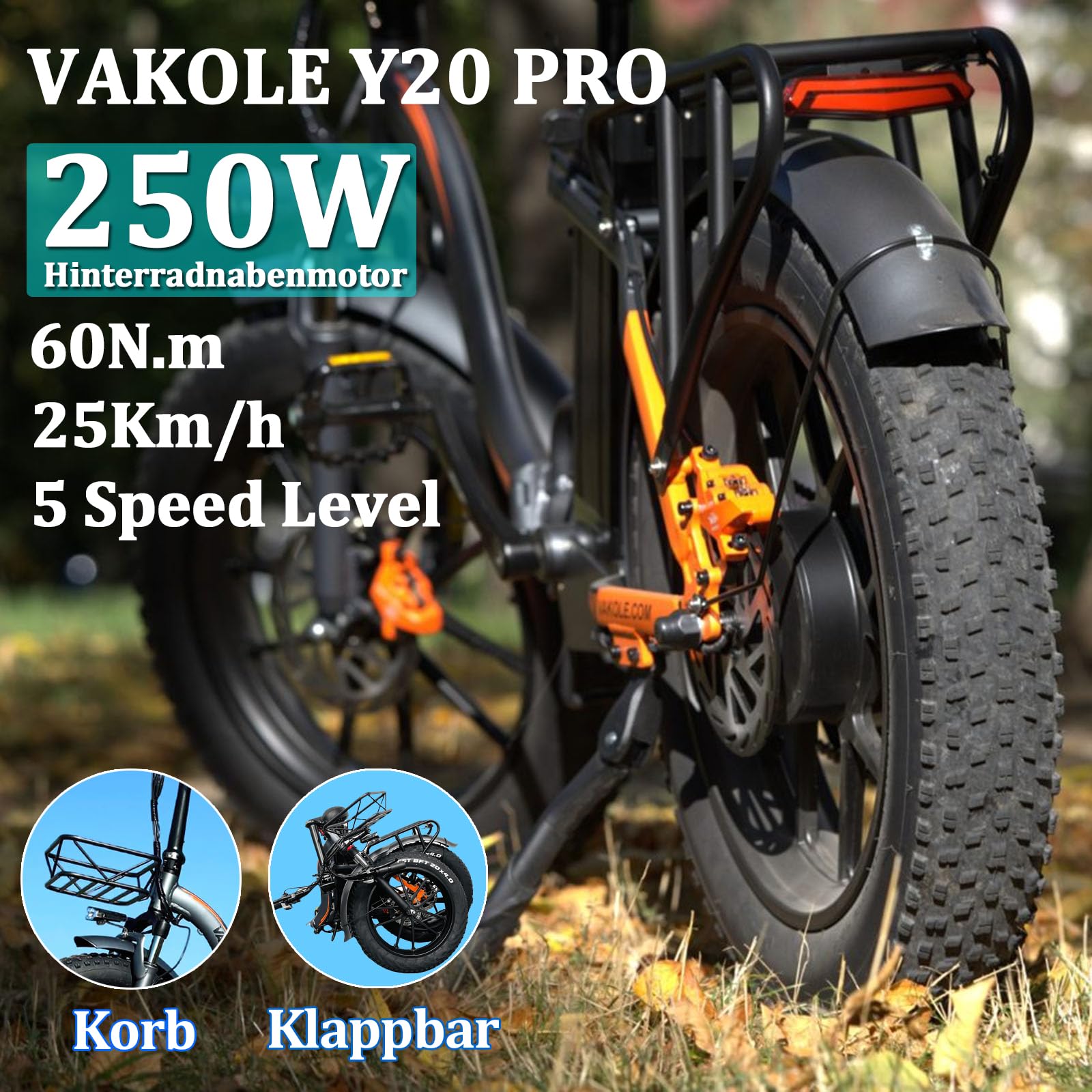 Y20 Pro E-Bike Klapprad Elektrofahrrad mit 48V30Ah Akku Bis zu 150KM | 20x4.0 Zoll, 250W Heckmotor, 7 Gang Schaltwerk, Tiefeinsteiger Fatbike Citybike für Damen u. Herren