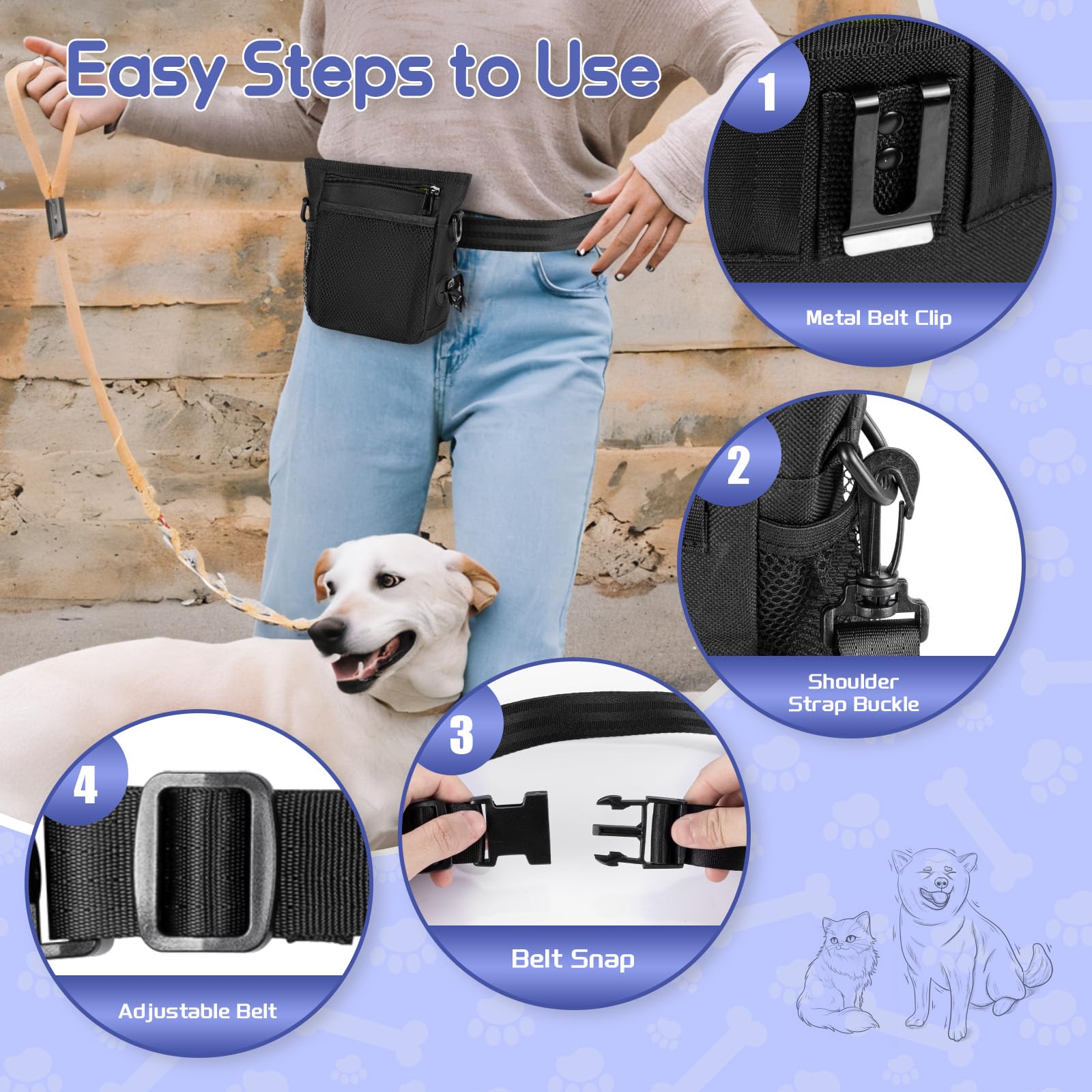 Porta Premietti per Cani Porta Sacchetti Cane Set di Contenitore Crocchette Cani con Sac Interno Silicone&Clicker per Cani&Sacchetti Cane Cacca Dispenser&Tracolla Regolabile per Addestramento Cane