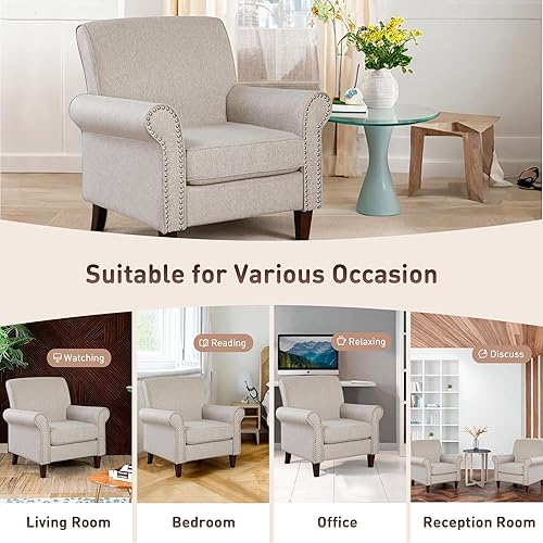 Miniatura 7 de Prilinex Silla tapizada para sala de estar, silla decorativa grande y cómoda de tela, sofá individual con cojín, reposabrazos enrollados y ribete de