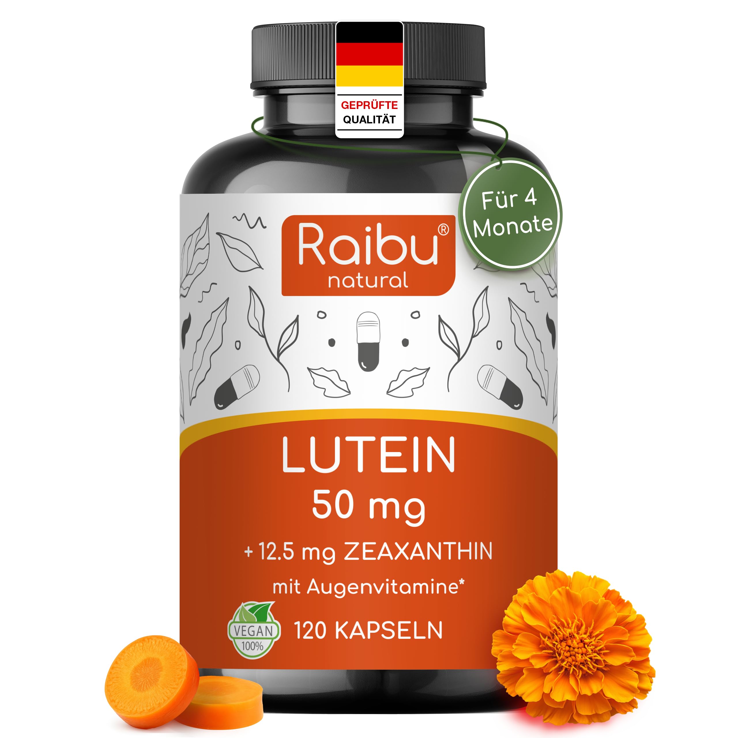 Lutein Zeaxanthin Kapseln, Augenvitamine hochdosiert - 50mg Lutein + 12,5mg Zeaxanthin - 4 Monatsvorrat Augen Kapseln - Mit Vitamin A & B2-1 Kapsel täglich - Vegan & natürlich
