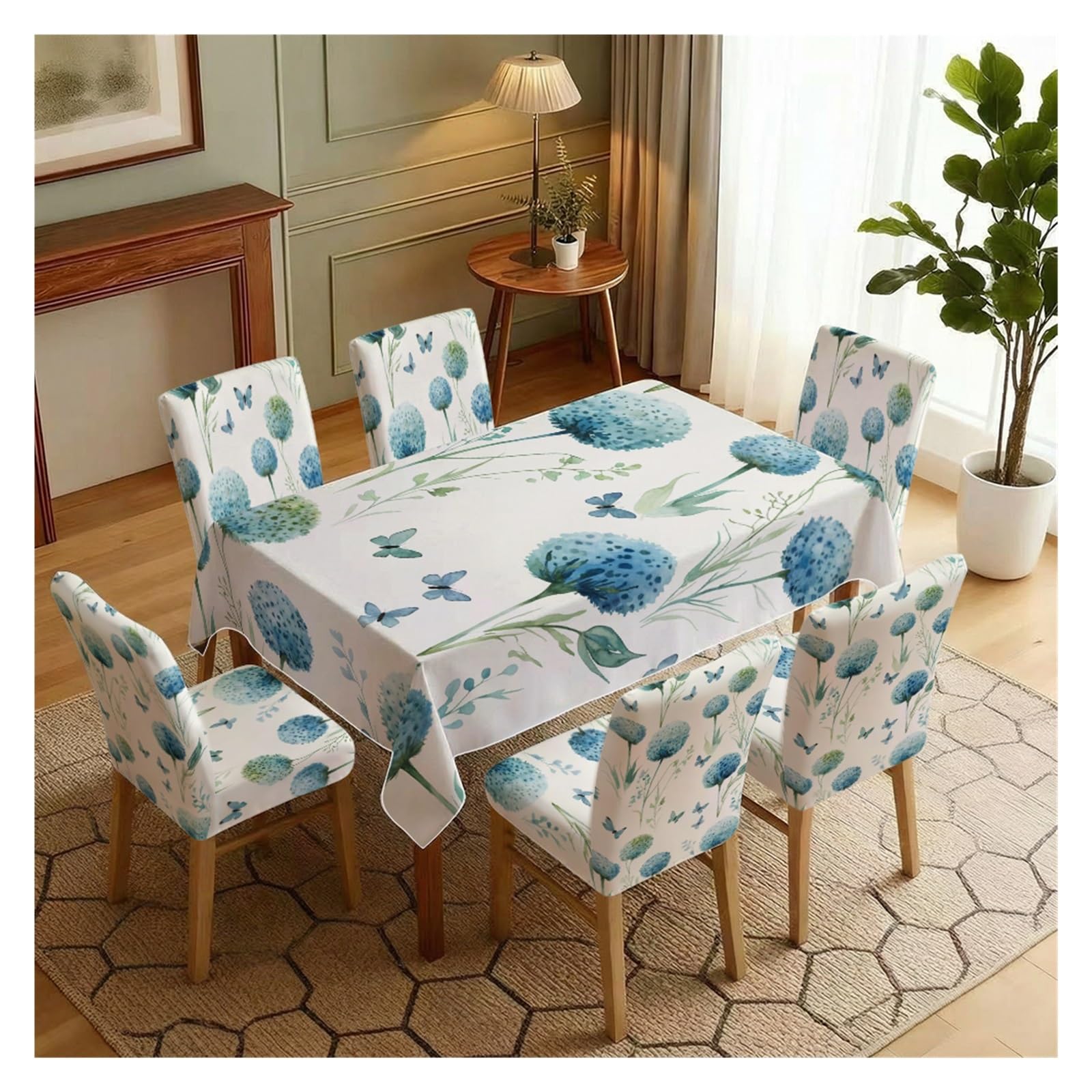 BOSUYBN Watercolor Blue Allium Flower & Butterfly Print Dining Tablecloth & Chair Covers Set, 5/7 Piece Fresh Minimal Cottage Dining Decor Table Setting(7pcs Set: Tablecloth+Chair Covers)