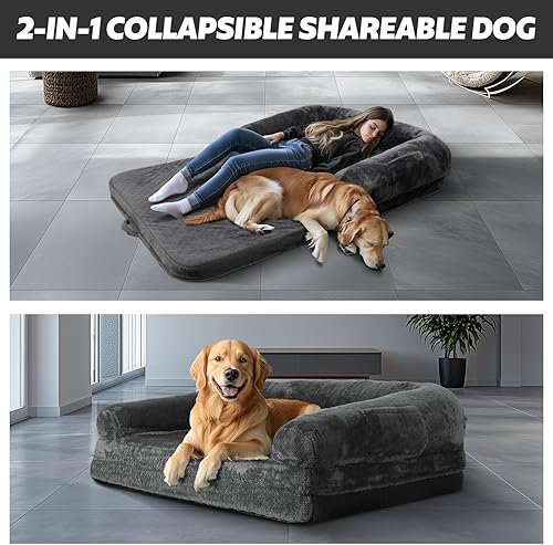 Miniatura 3 de Cama plegable para perros humanos, cama ortopédica de espuma viscoelástica para perros, tamaño humano 2 en 1, relajante tamaño humano con