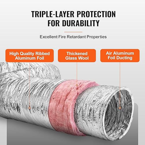 Miniatura 3 de VEVOR Conducto flexible aislado de 4 pulgadas R-6.0, 25 pies de largo con 2 abrazaderas de conducto, manguera de conducto de aire de protección de