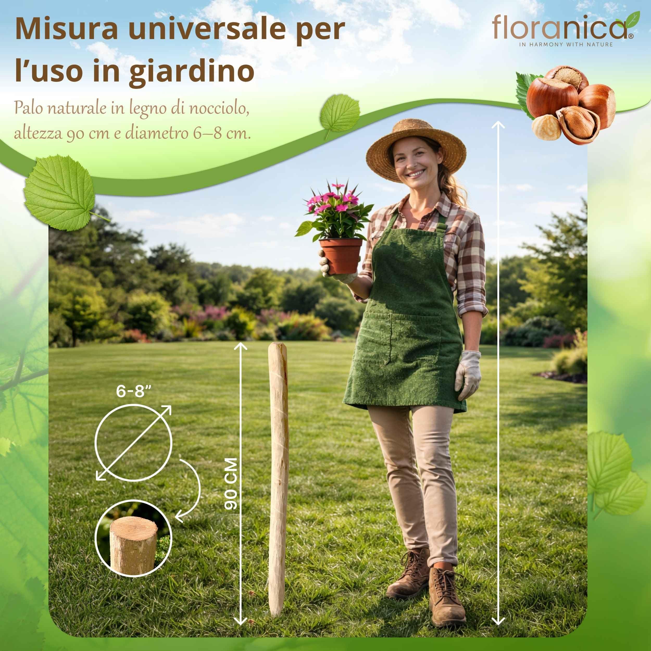 Floranica 6 x palo per recinzione in nocciolo altezza 90 cm palo per recinzione a paletti pali di legno appuntito supporto per alberi