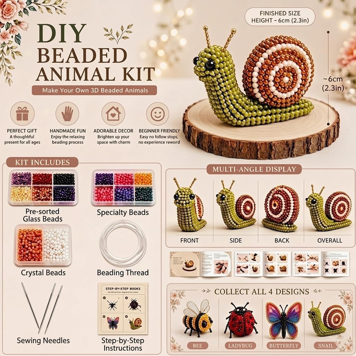 WJFYVKV 4Pcs Tiny 3D Beaded Animal DIY Kit, Bead Embroidery Kit for Adults