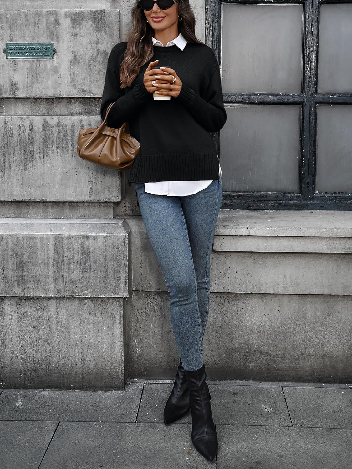 Women's Merino Wool Blend Sweater Crew Neck Side Slit Pullover - Image 5