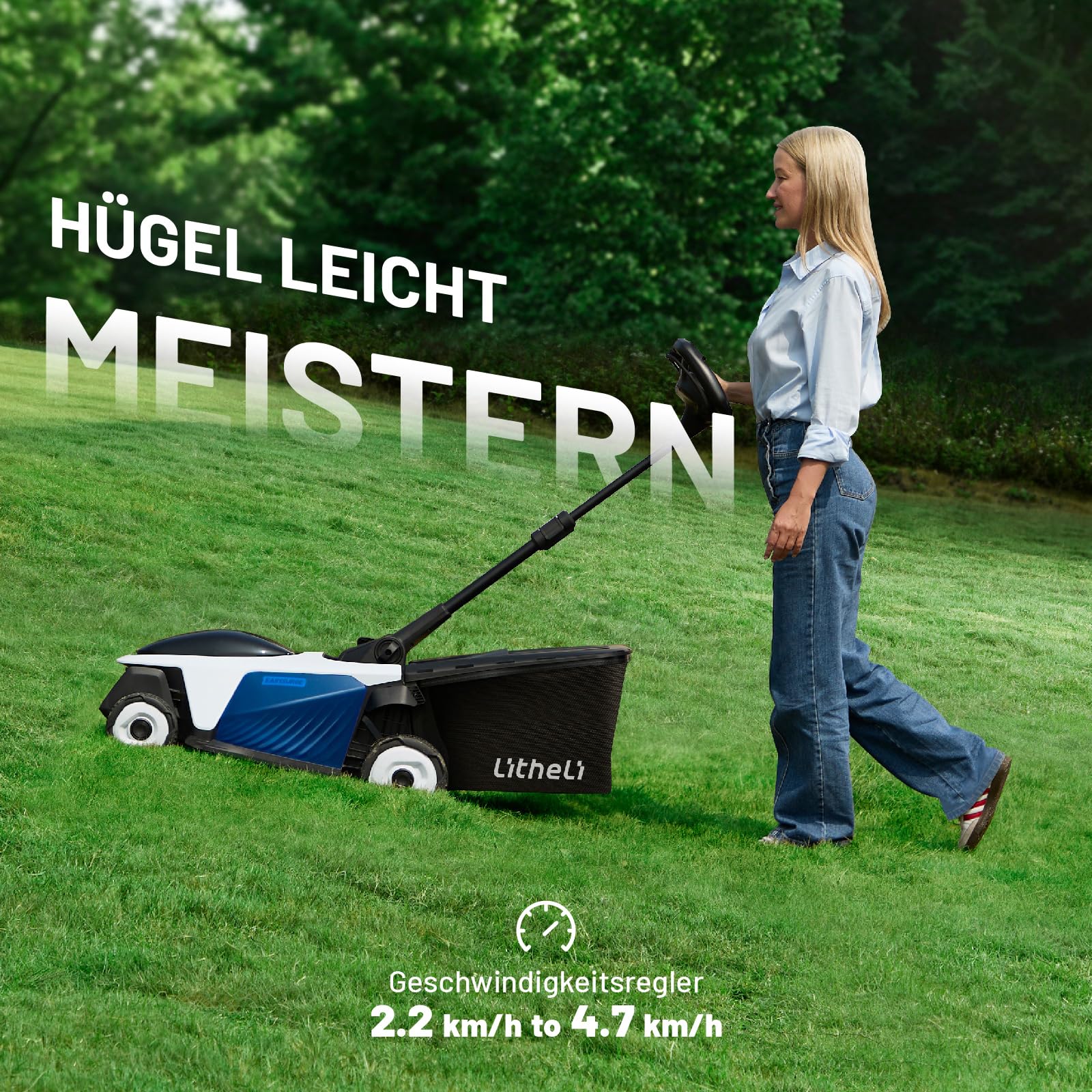 Litheli Easysurge Akku Rasenmäher Selbstfahrender, 43cm Schnittbreite mit Akku und Ladegerät, bis 500 m², 50L Fangkorb, 25-75 mm Schnitthöhe, Rasenmäher Eektro inkl. 4X 20V/ 4,0 Ah Akkus