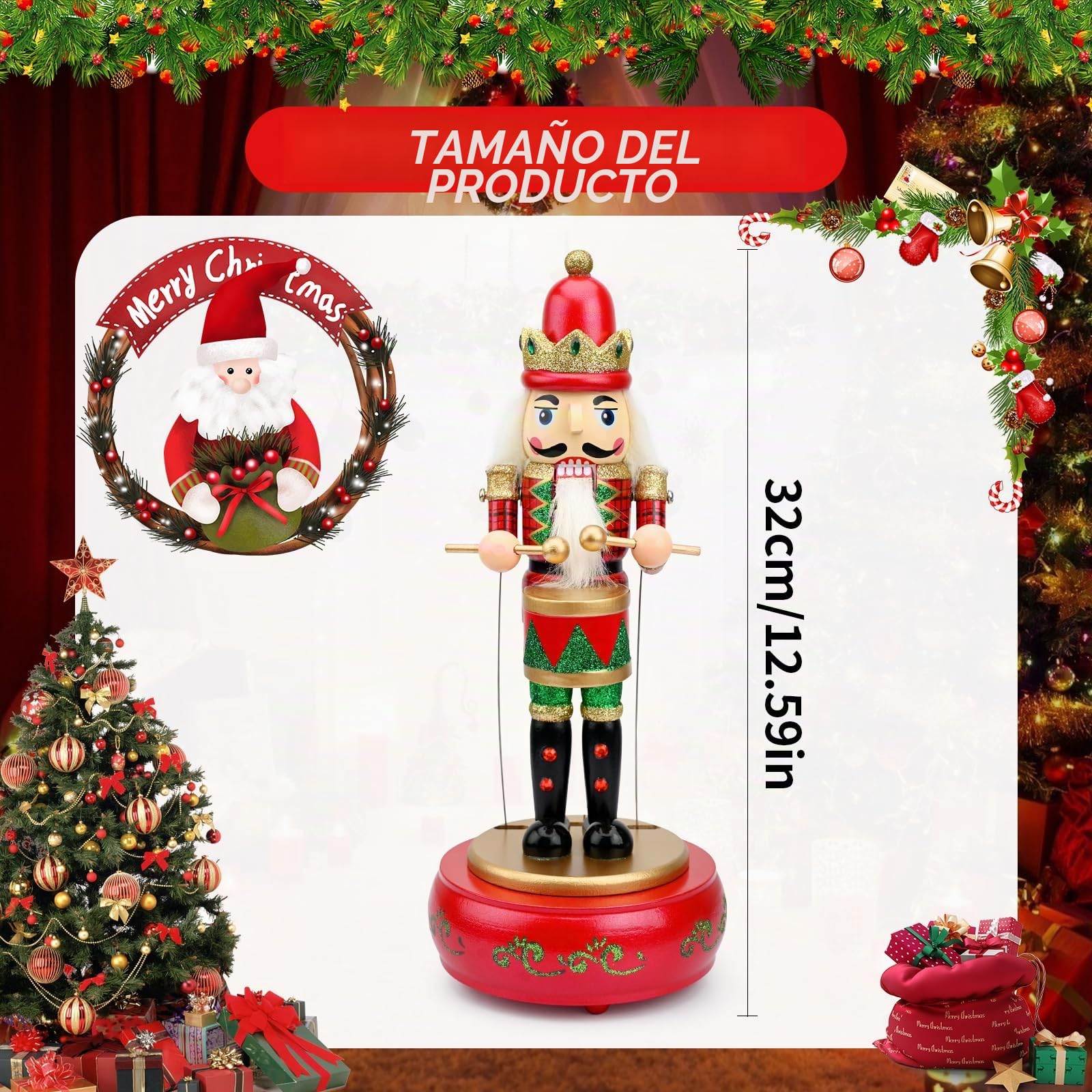 Jodsen Caja de Música Cascanueces de Madera para Navidad - Soldado Tamborilero Hecho a Mano - Figura Decorativa para el Hogar