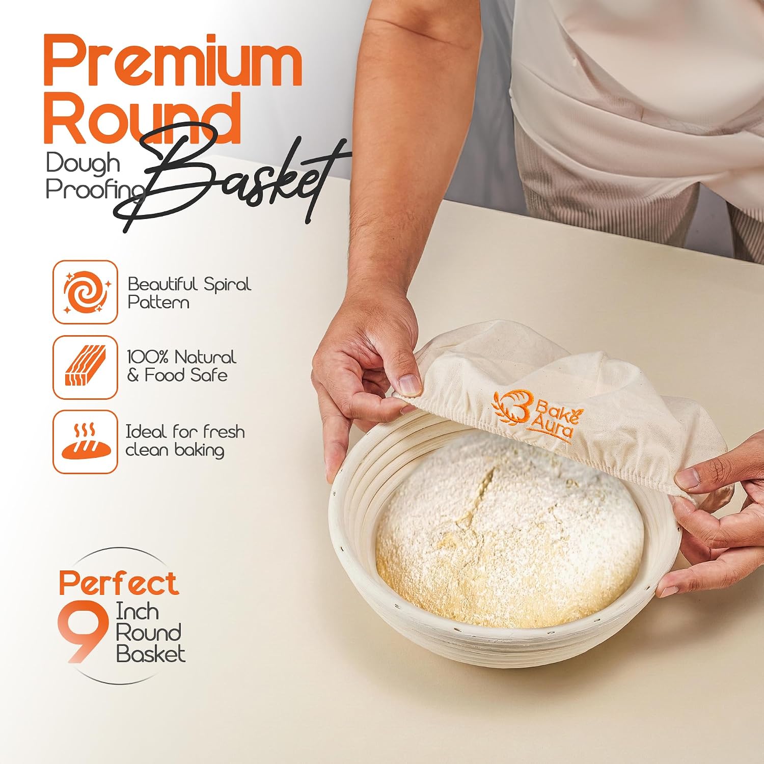 Bake Aura Sourdough Bread Proofing Basket Round 9 Inch – Pure Indonesian Rattan Banneton with Linen Liner, Splinter-Free & Food-Safe Artisan Dough Rising Bowl for Homemade Bread