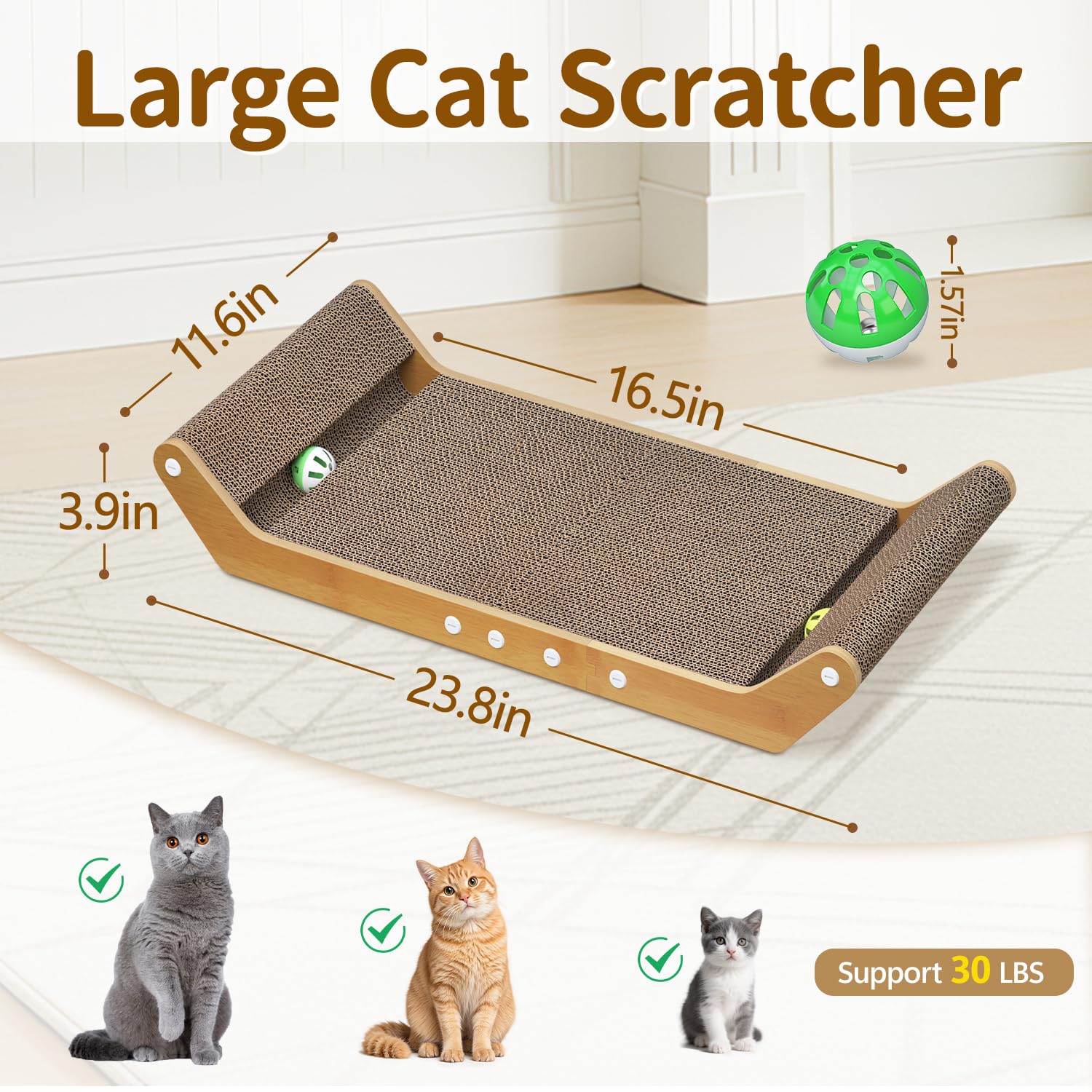 Rascador para gatos y gatitos en casa, 60 cm, resistente a la abrasión, de cartón ondulado con rieles y pelota, apto para salón y dormitorio