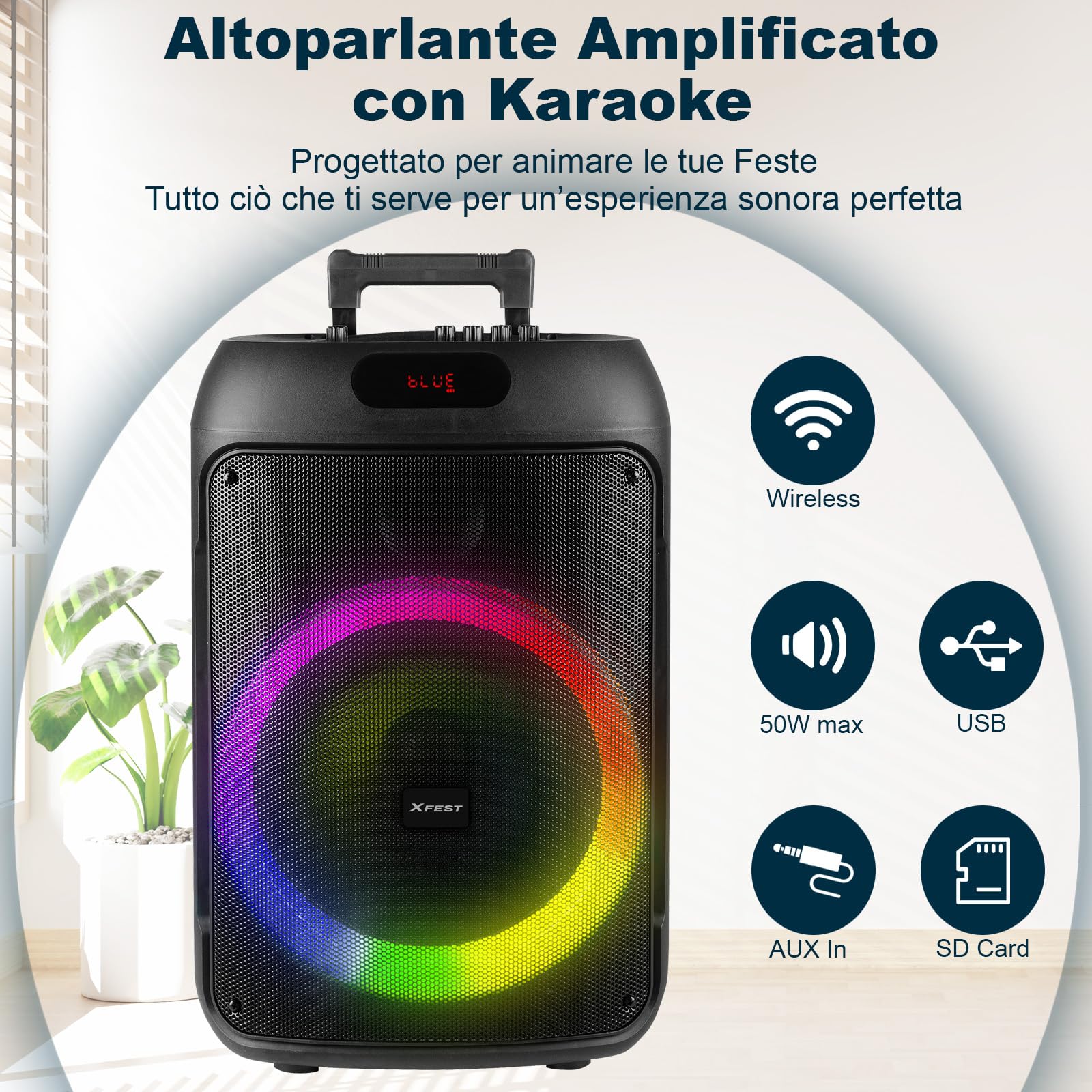 Trevi XFest XF 380 KB Speaker Wireless 50W, Altoparlante Portatile con Microfono Con Cavo Incluso, Ingressi USB, Micro SD, AUX-IN, Funzione TWS, Karaoke Party Speaker con Batteria Integrata