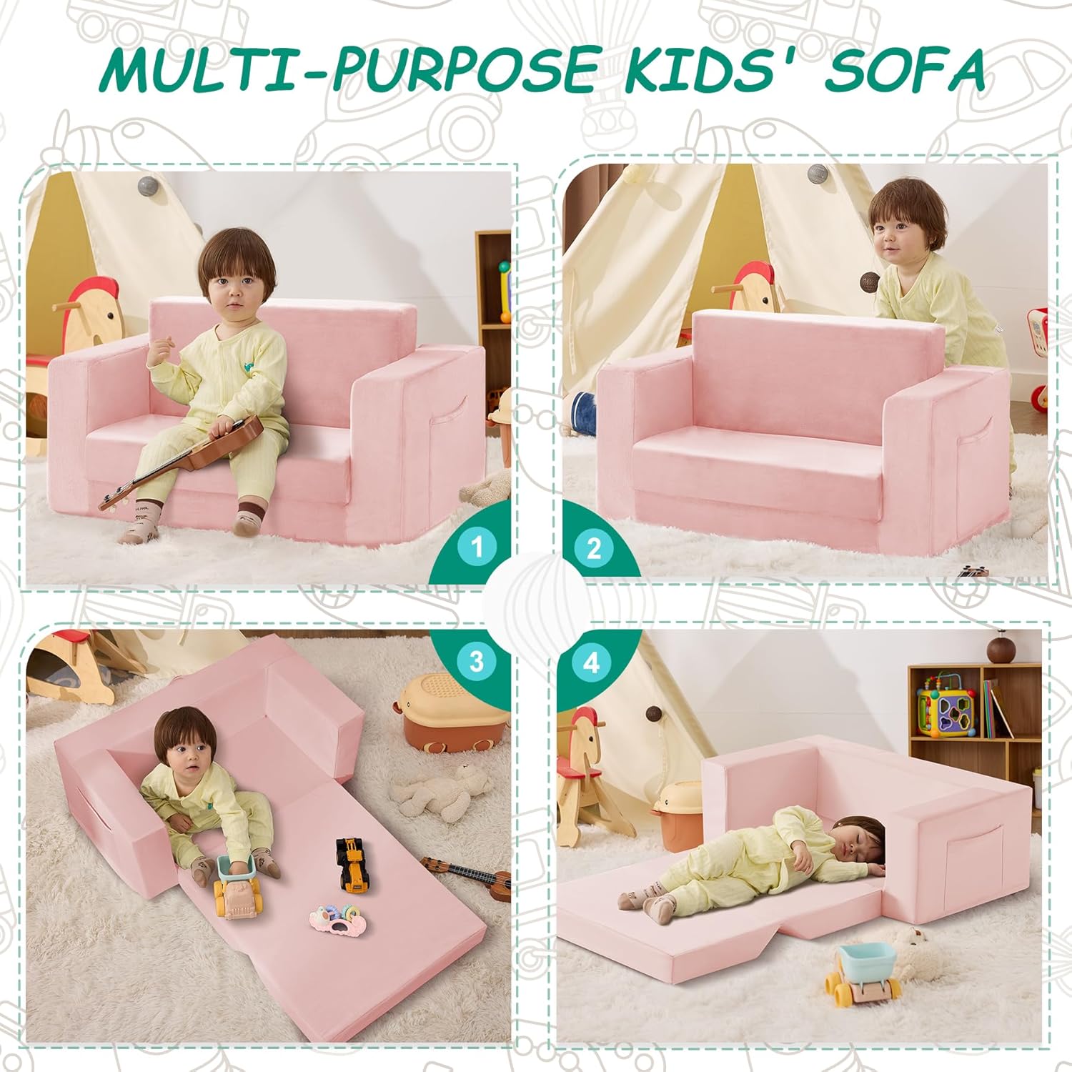 Kids Couch, 2-in-1 Toddler Chair Comfy 1-3 Years, Convertible Kids Chair, Toddler Couch That Fold Out, Kid Lounge Chairs for Boys and Girls Gifts, Kids Recliner, Double, Pink - Image 6