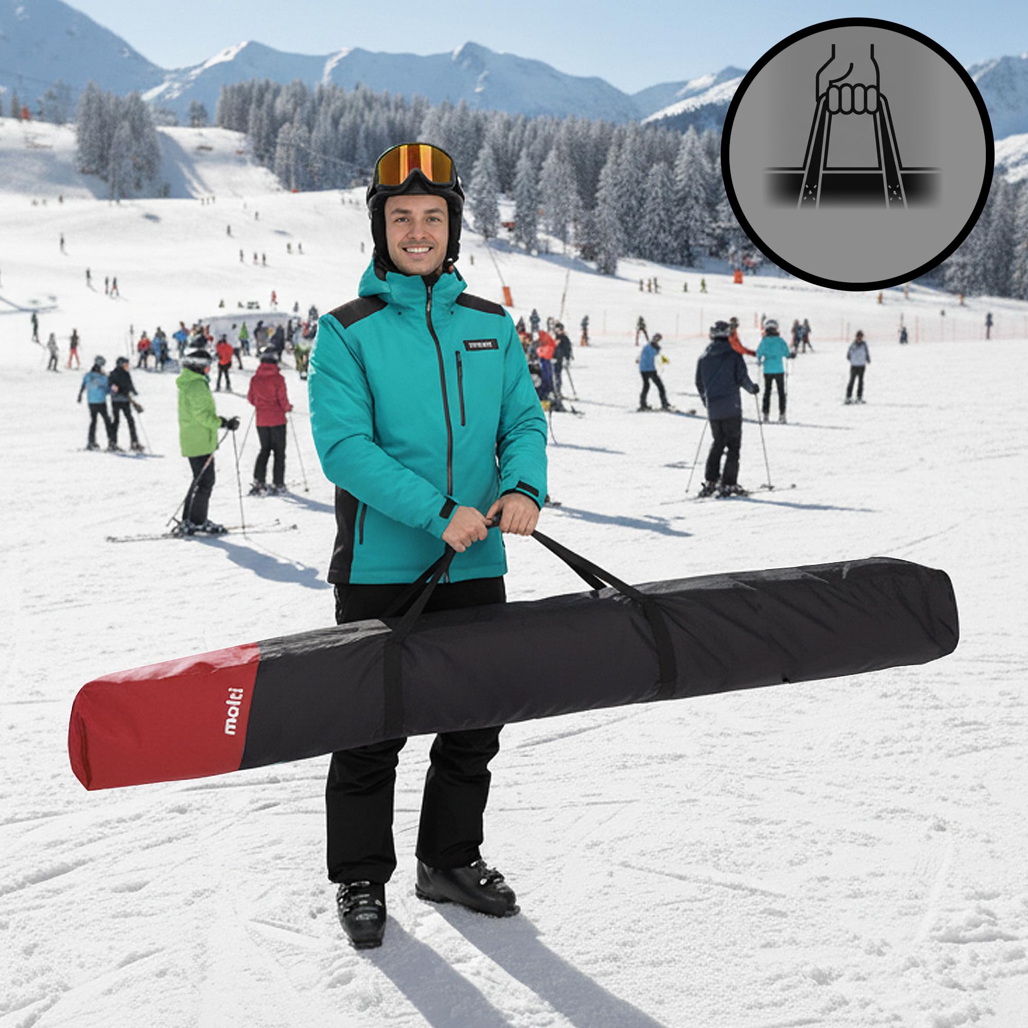 molti Torba na narty do 195 cm wodoszczelna poliester 600D, pokrowiec na 1 parę nart, materiał odporny na rozdarcie, kieszeń wewnętrzna, wentylacja, pasek na ramię i uchwyty do noszenia