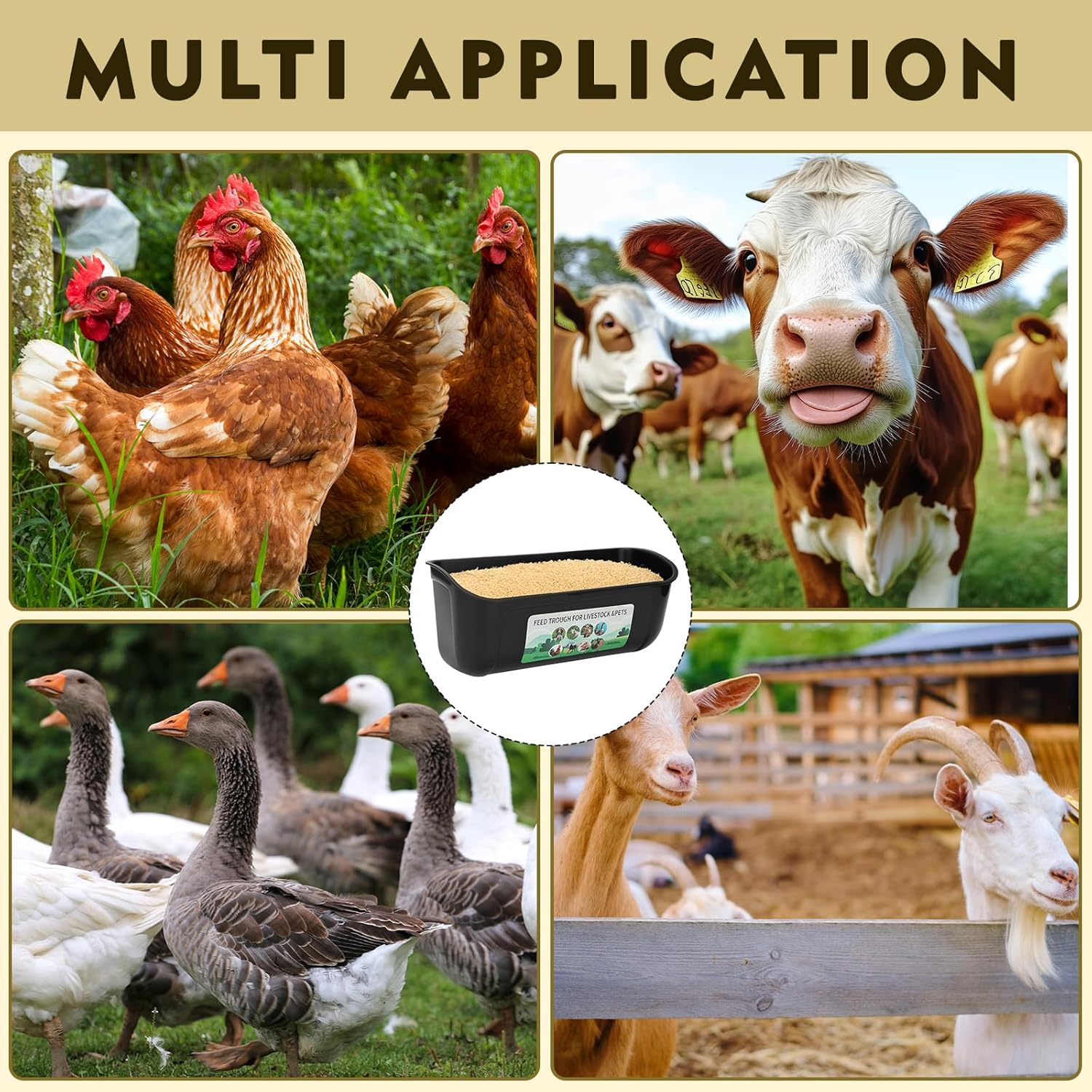 10 Pack Fence Feed Feeder 4.5 Quart Hanging Chicken Feeder Trough with Brush & Scoop Black Goat Hanging Fence Feeders Feeder with Hooks Screws & Zip Tie for Livestock Feeding Container Goats Supplies