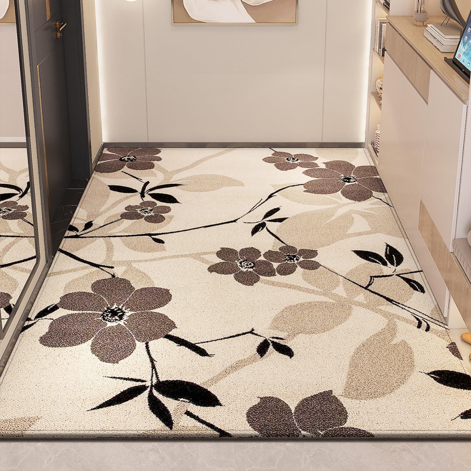 Fussmatte Aussen 90x150 Schwarz Braun Blumenmuster Schmutzfangmatte rutschfeste Fußmatte Außen für Eingang Patio Flur Garten Türmatte Maschinenwaschbare Fußmatten Haustür