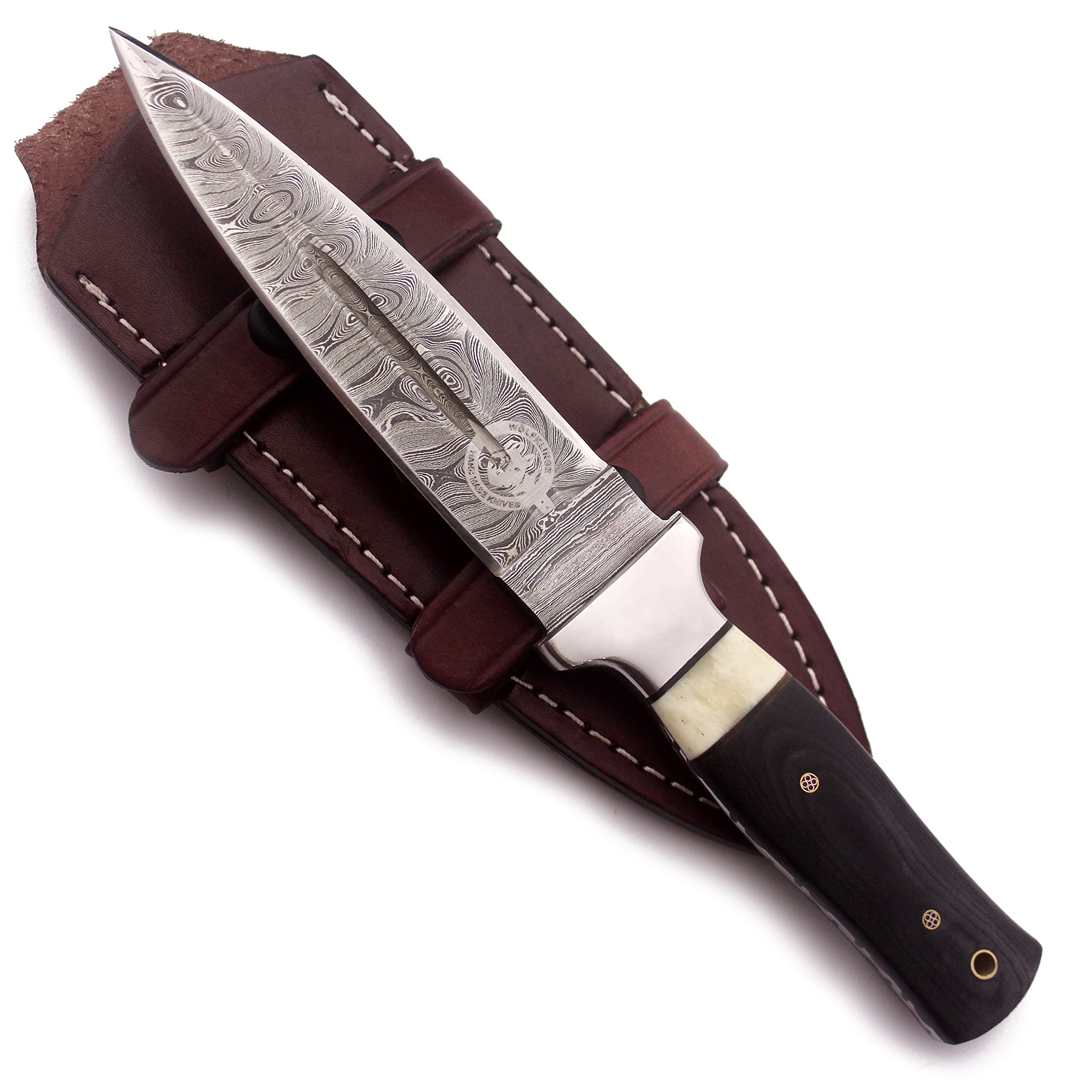 WolfKlinge 11" Handmade Damascus Steel Fixed Blade Knife – Ultimate Spear Point Dagger for Hunting, Survival, Camping, Hiking and Fishing – Full Tang Micarta Handle with Premium Cowhide Leather Sheath (DCX 22-58)