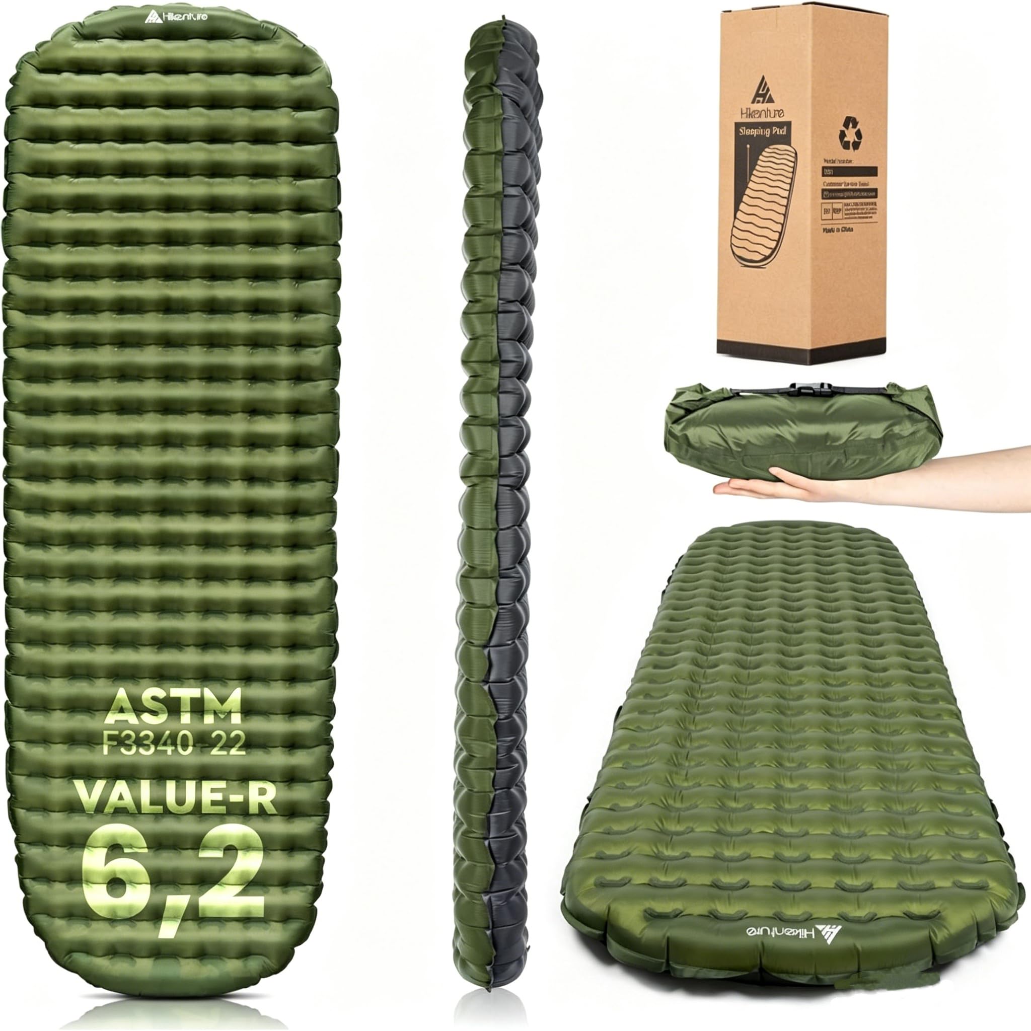 HIKENTURE Valeur-R 6.2 Matelas de Camping Ultra-léger 1 Personne Épais 8cm | Compact, Isolation 4 Saisons (-20℃) - Matelas Autogonflant avec Sac de Pompe - Pour Camping, randonnée, bivouac, tente - Vert