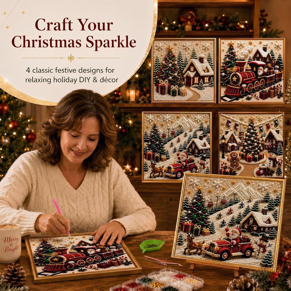 Premium 3D Pearl Christmas Wall Art Kit, ChristmasPearl Diamond Painting Kit Luxury Flocked Canvas DIY Pearl Bead Art Craft Set DIYChristmas Home Decor Gift (Santa Christmas Train) image 2