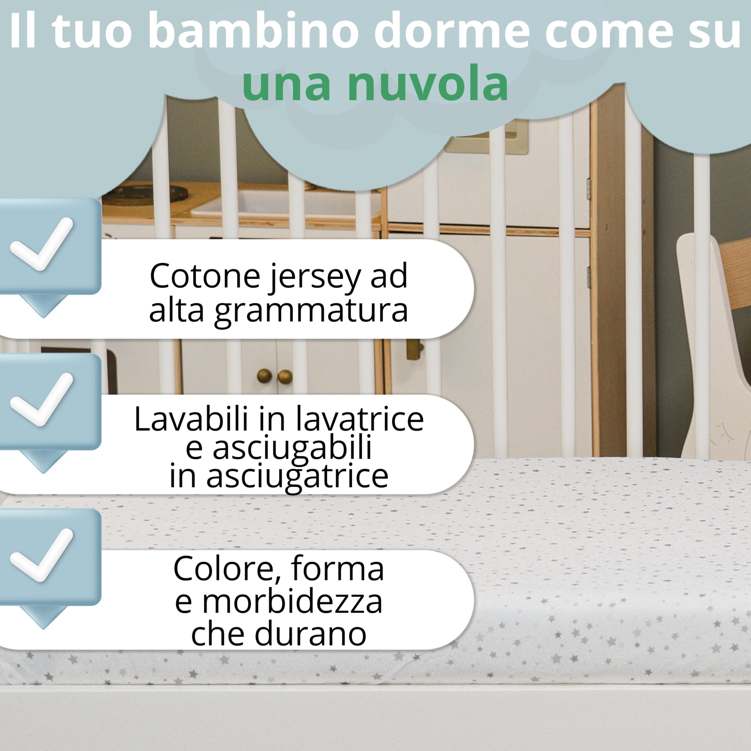 Set Lenzuola Lettino Neonato 60x120 / 60x125. 2 Lenzuola con Angoli in Cotone Jersey + 1 Coprimaterasso Impermeabile in Spugna. Certificato OekoTex. Fantasia Stelle 125x60 / 120x60