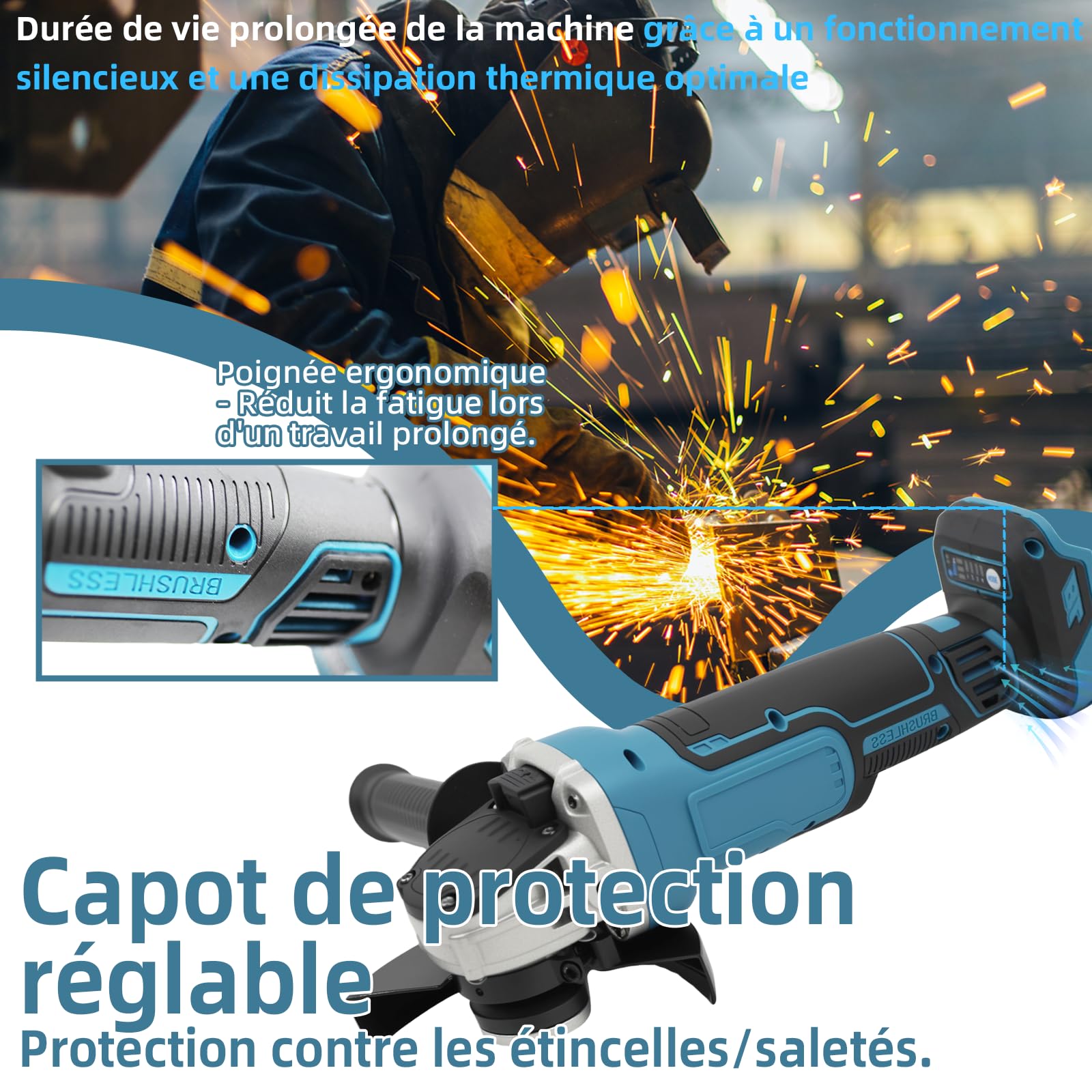 Meuleuse d'angle sans fil compatible avec Makita 18 V, 8500 tr/min, 4 niveaux de vitesse, disque abrasif de 125 mm avec clé de meulage pour meuler, couper et polir (sans batterie)