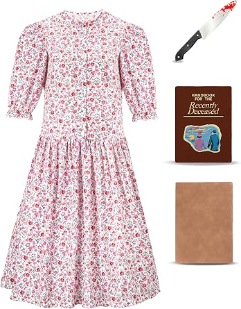 ALIREVERIE Womens Halloween Pink Floral Pleated Dress Puff Sleeves Costume Set