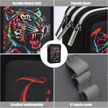 3 Compartments Pencil Case, Large Capacity Pencil Case with 57 Pockets for Children, Schools, Amateur Artists, and Professional Artists (21 x 14.5 x 6 cm)