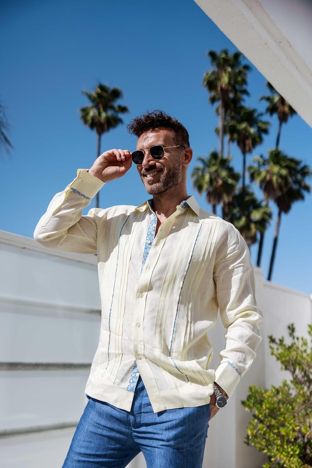 Mojito Men's 100% Linen Guayabera Chacabana Shirt Long Sleeve - Floral Contrast Trim & Blue Embroidery - Image 5