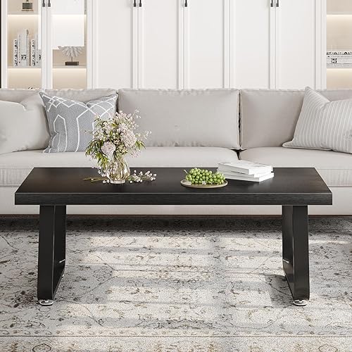 Miniatura 7 de HSH Mesa auxiliar negra, mesa central de madera industrial y patas de metal, mesa de cóctel rectangular moderna y minimalista para sala de estar,