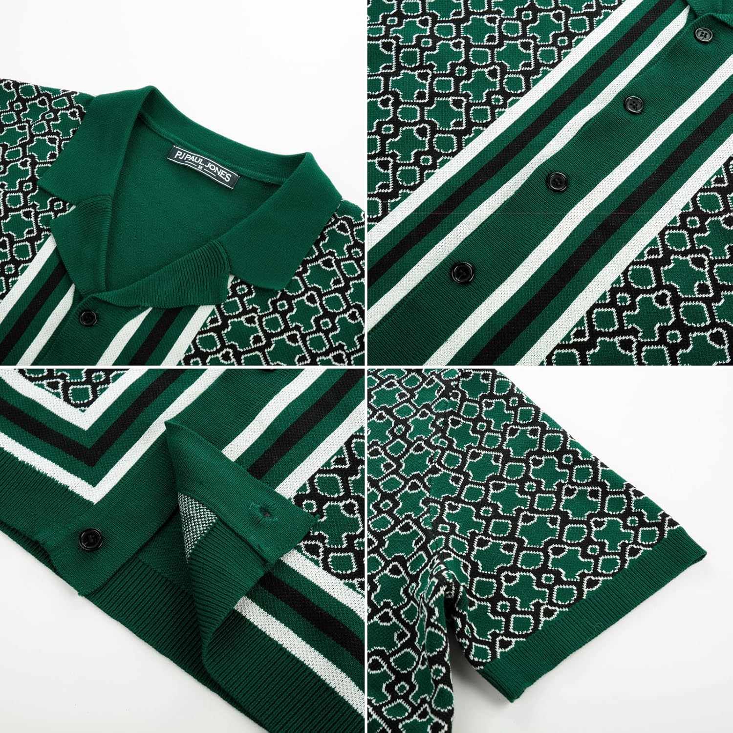 PJ PAUL JONES Men's Vintage Button Down Cuban Collar Knitted Polo Shirt - Image 4