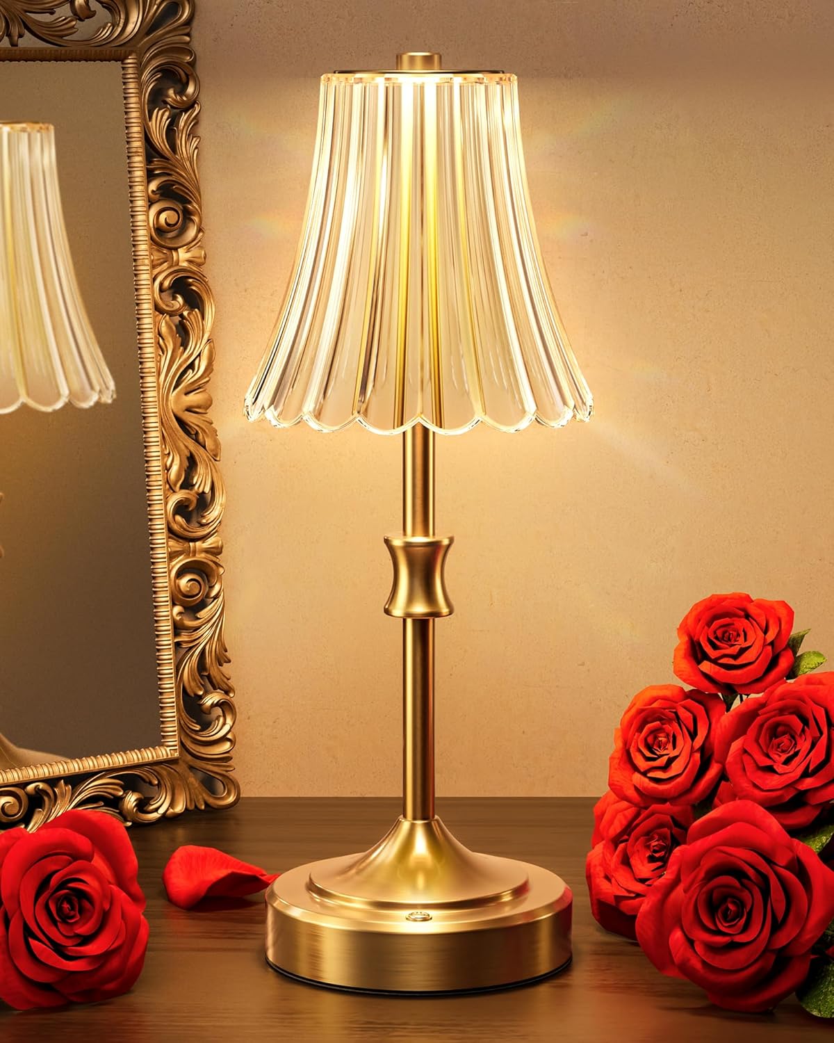 JACKYLED Vintage Cordless Table Lamp, Acrylic Crystal Flower Lamp Shade, 3 Colors Dimmable LED Golden Lamp, 5400mAh Battery Operated Rechargeable Lamp for Kitchen Counter Home Decor Flower Lampshade