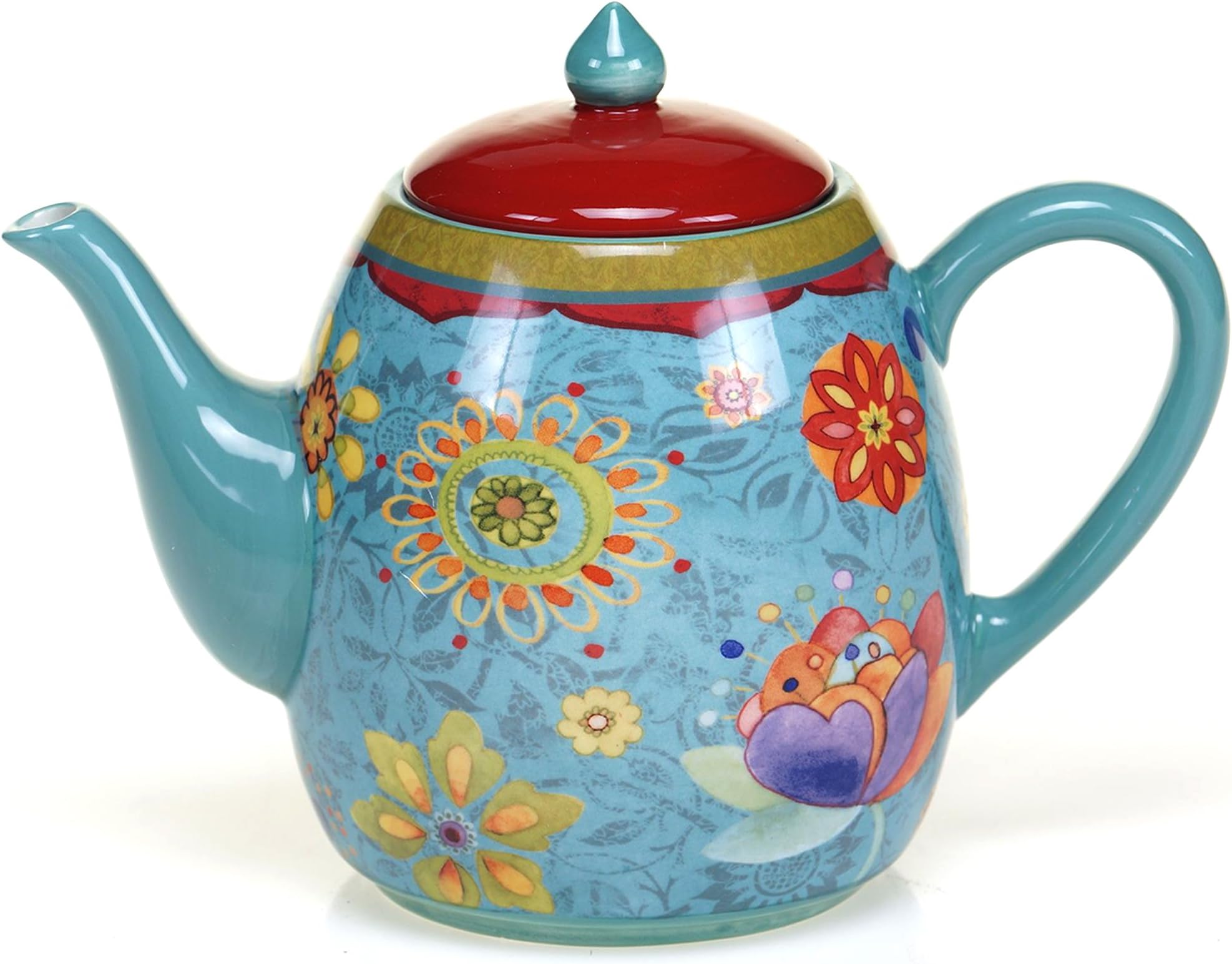 Tunisian Sunset Ceramic Teapot – 40 oz. Blue Floral Boho Teapot with Lid, Bright Multicolor Folk-Inspired Design for Tea Lovers, Entertaining & Eclectic Kitchen or Gift Giving