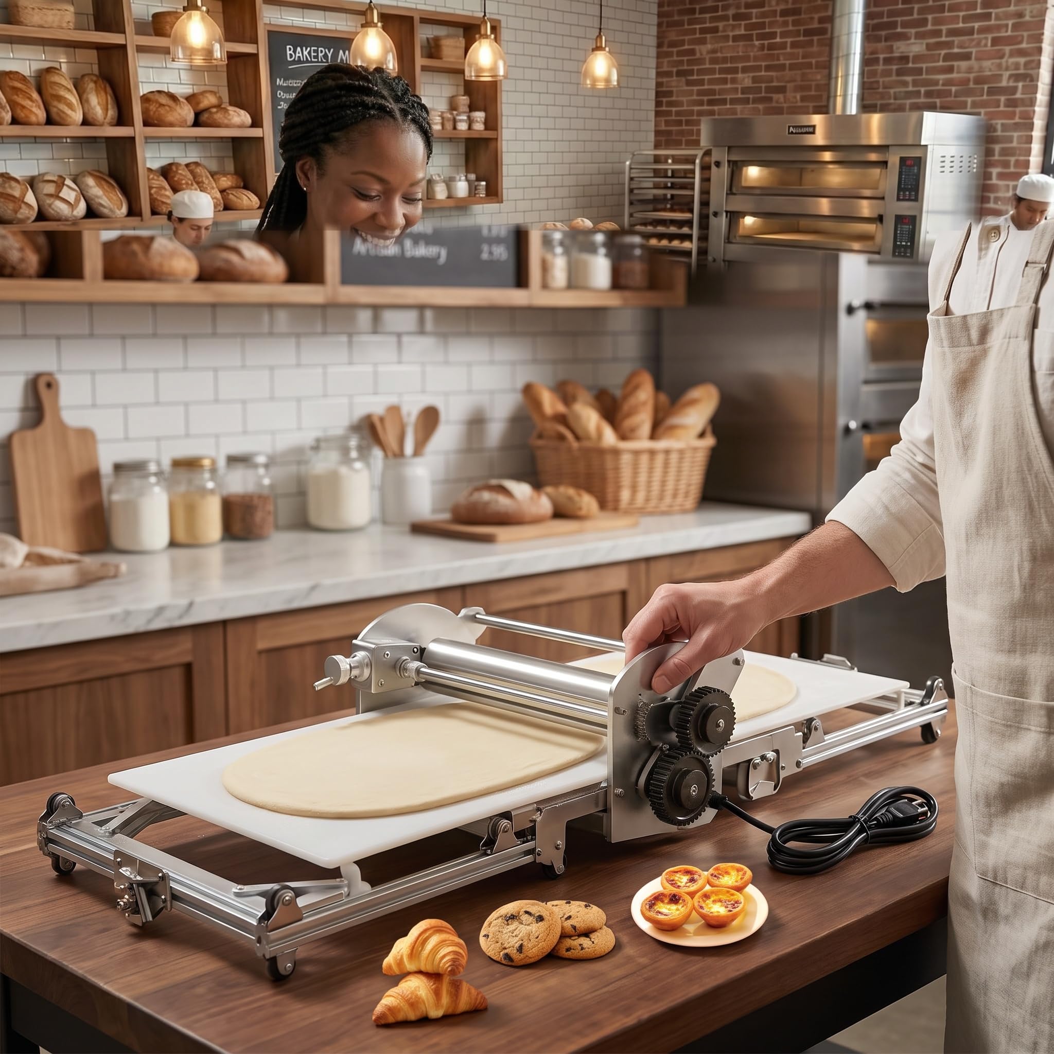 22,7" Gewerbliche Elektrische Teigausrollmaschine Mit Einstellbarer Dicke, Für Pizzateig, Frische Pasta Und Croissants, Geeignet Für Hobbybäcker Und Professionelle Bäckereien