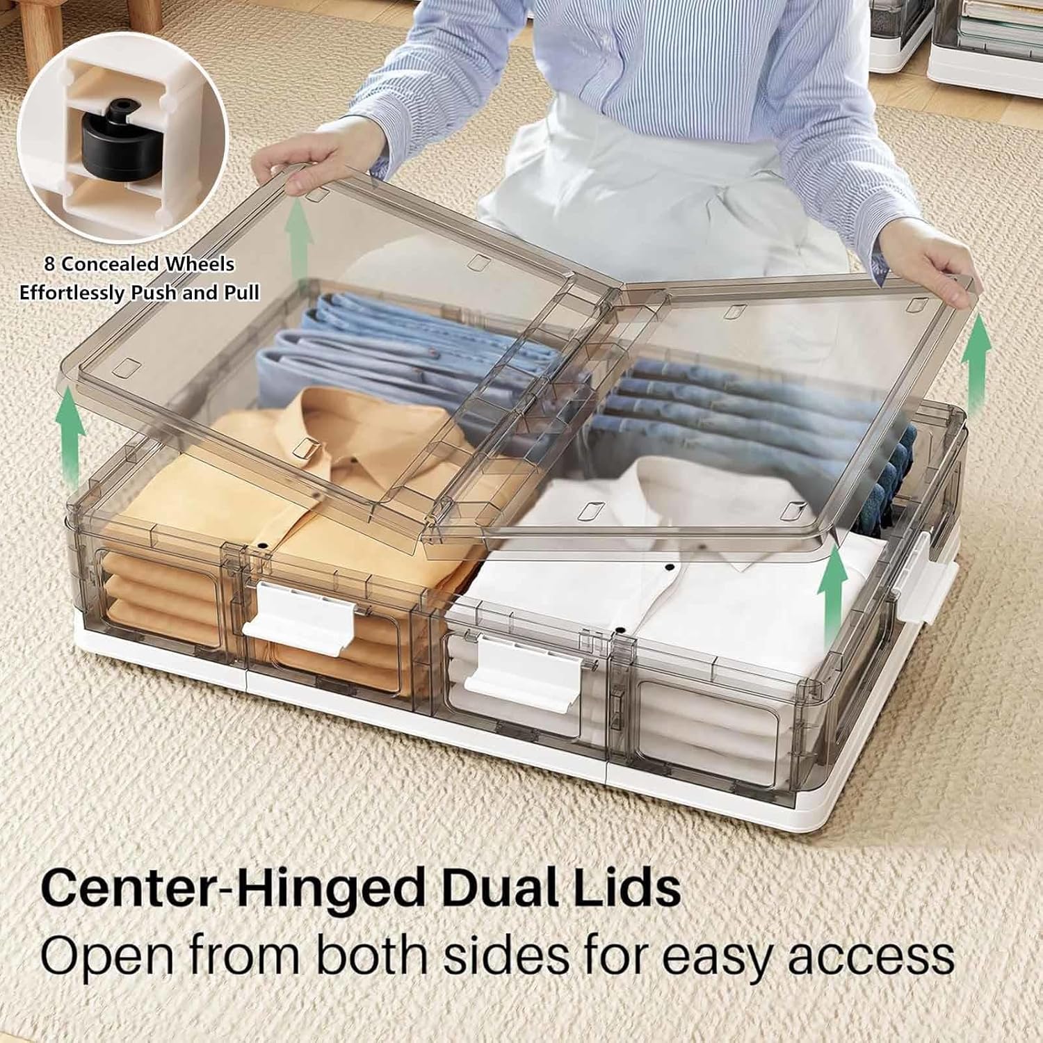 Rolling Under Bed Storage Plastic Foldable, Underbed Storage Bins 17.4Gal Shoe Storage Under Bed for Clothes, Shoes, And Duvets