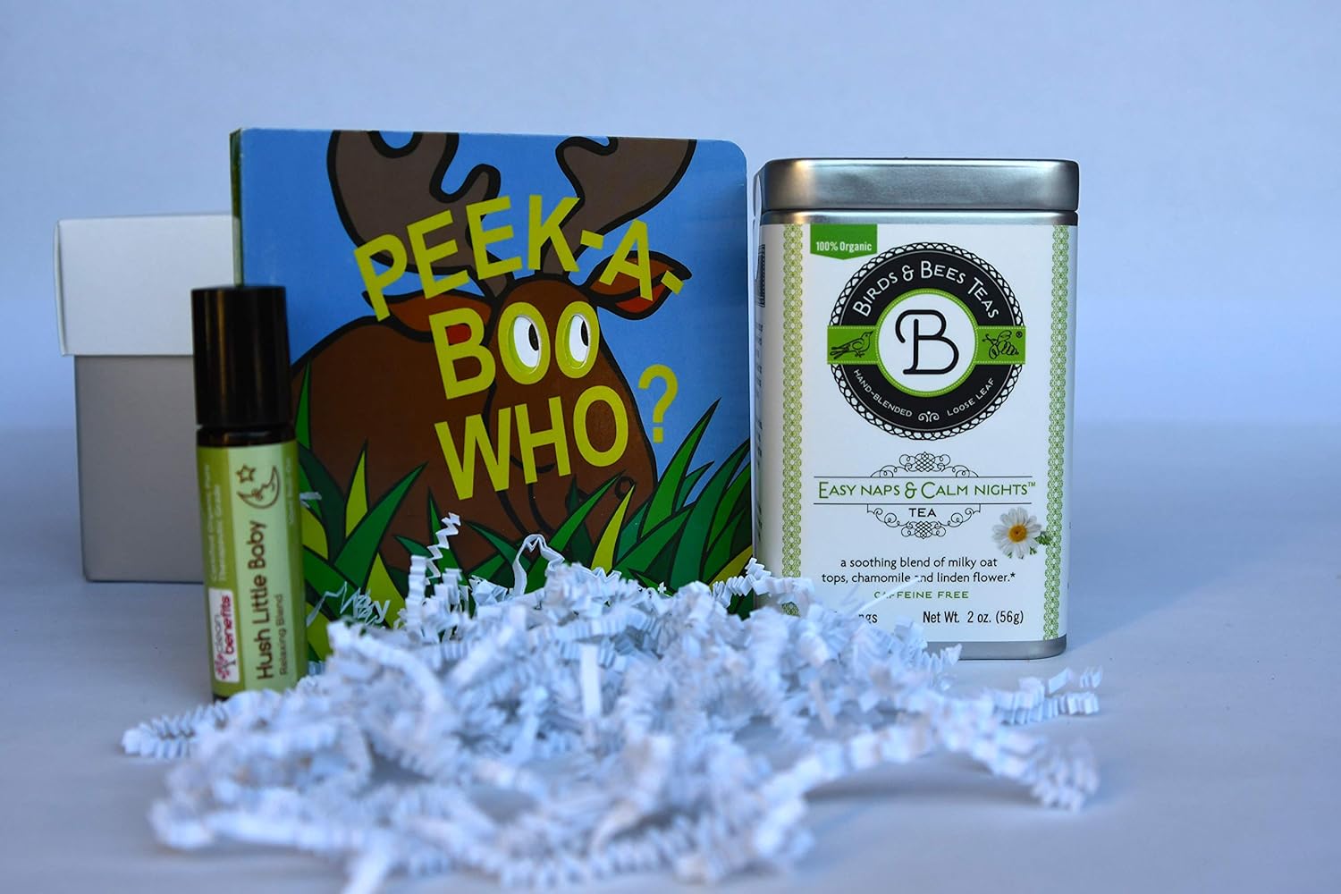 First Birthday Gift - Kids Bedtime Bundle - End of The Day Unwind Tea and Essential Oils - Essential Oil Blend in a Roller Ball & Peek-A-Boo Who? Book to Read Before Bed