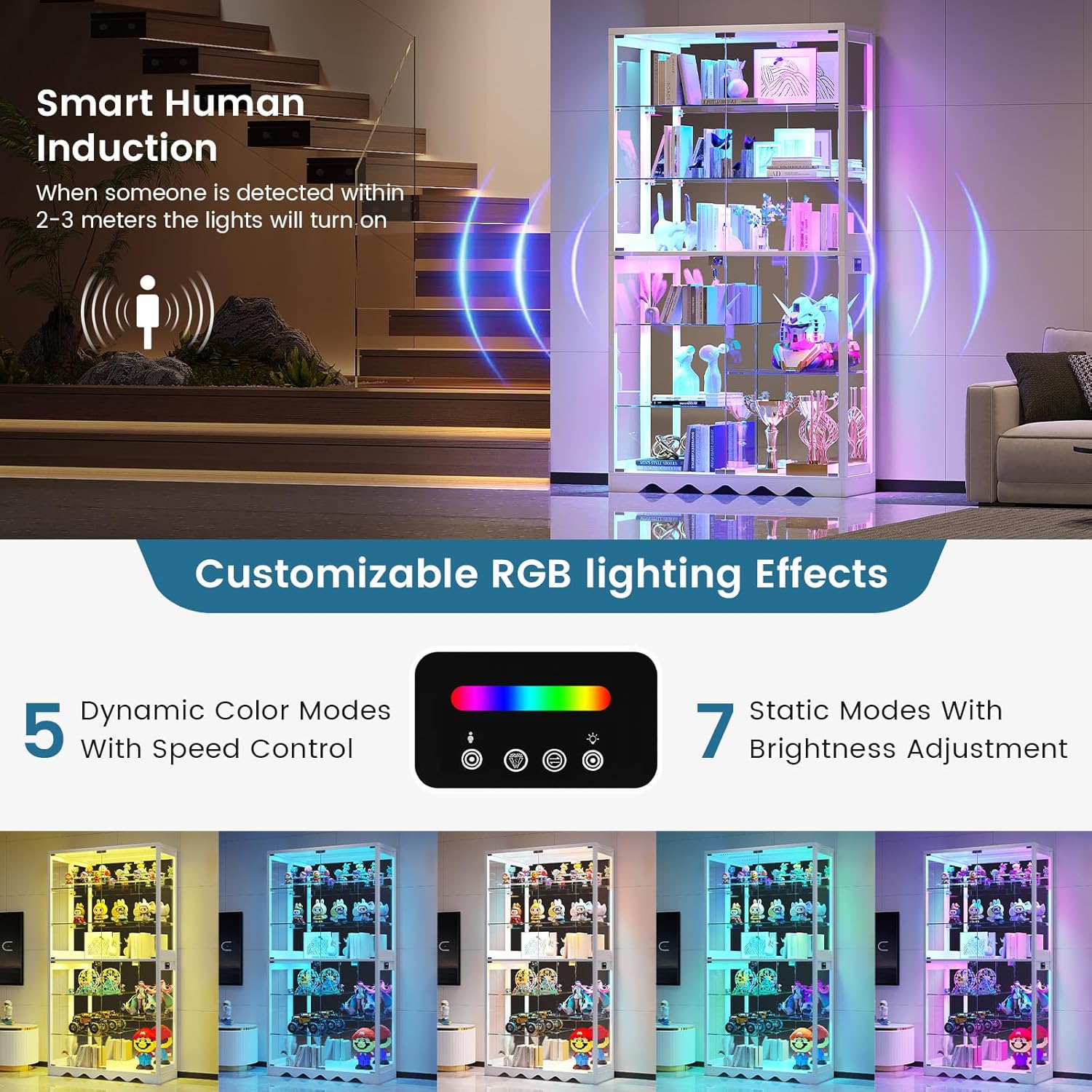 Large Display Cabinet with Glass Doors, 8-Tier RGB Curio Cabinet with Smart Human Induction & Remote Control, 73" Tall Stable Glass Display Case for Collectibles, Figures, Lockable Storage, White