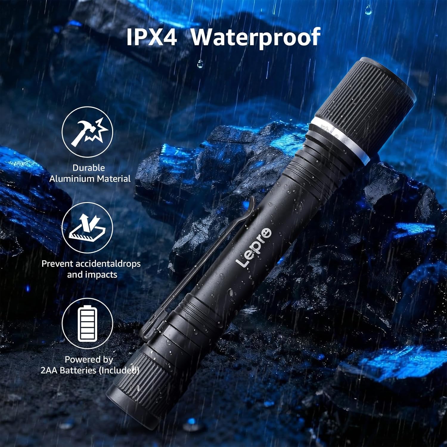 Lepro LED Mini Flashlight being splashed with water, demonstrating its IPX4 waterproof rating and durable aluminum construction.