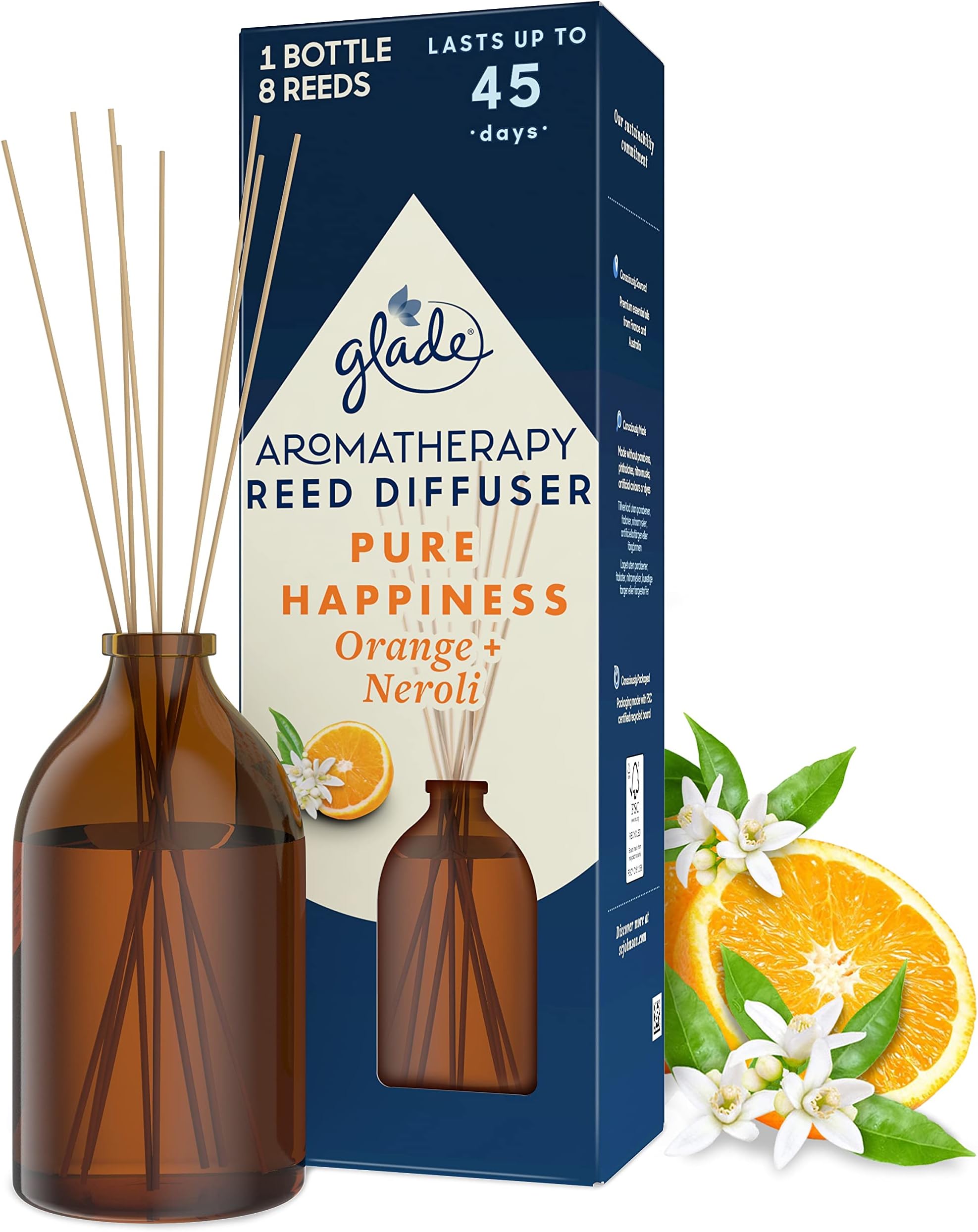 Aromatherapy Reed Diffuser, Home Decor Essential Oils Diffuser Uplifting Fragrance, Pure Happiness with Brazilian Orange & North African Neroli Blossom, 80 ml