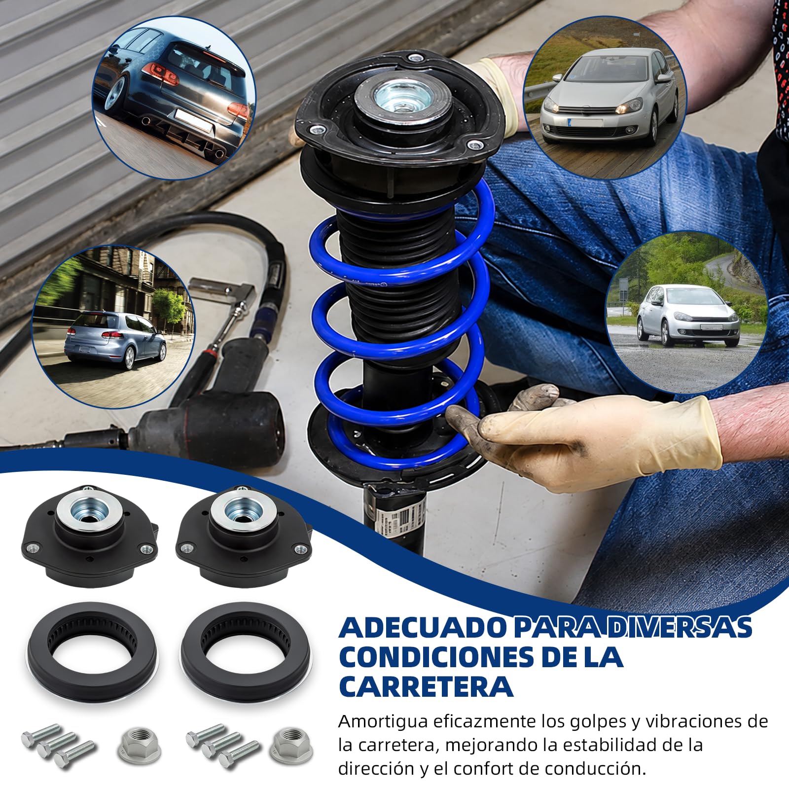Kit copelas eje delantero para VW Golf Passat Touran, 4 piezas | Kit robusto de soporte de amortiguador de goma y metal. Para VW Golf 5/6, Tiguan y Caddy. Eje delantero duradero