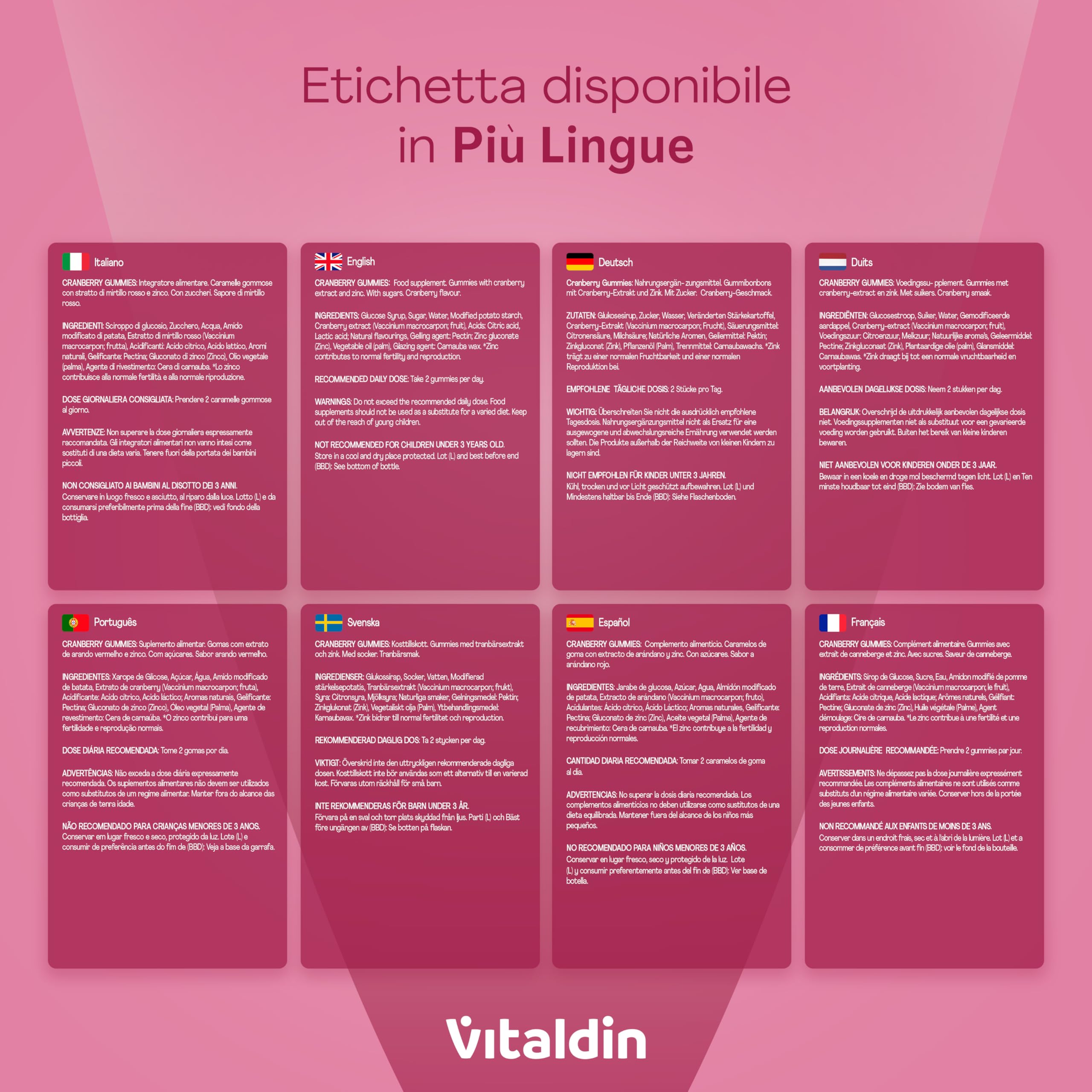 VITALDIN Cranberry Gummies – Integratore di 500 mg di estratto di Mirtillo Rosso + Zinco – 70 Caramelle Gommose, Gusto Mirtilli Rossi – Aiuto delle Vie Urinarie – Vegano