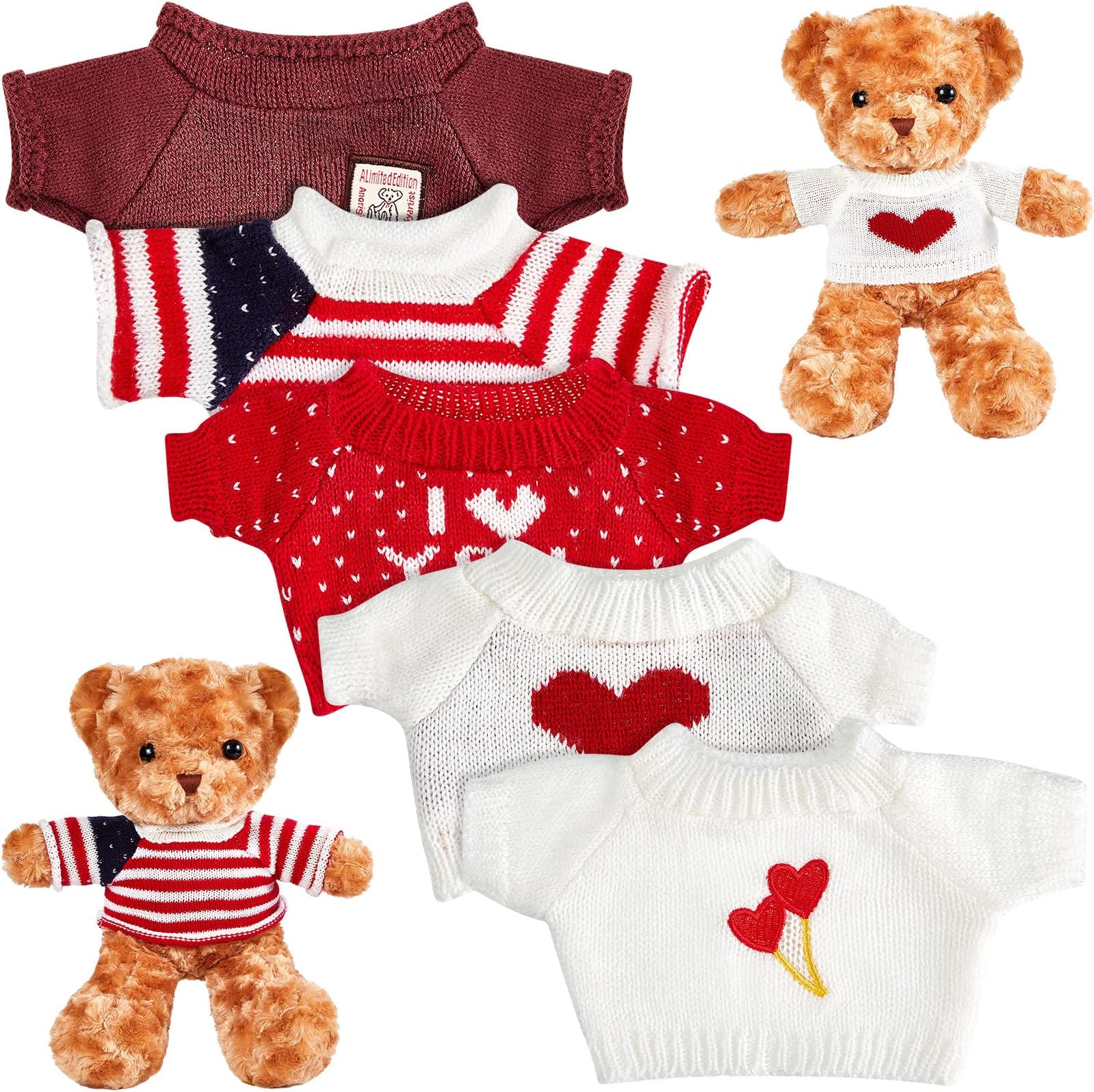 Junkin 5 Pcs Bear Doll Clothes Stuffed Animal Clothing Accessories Cotton Plush Toy Clothes Bear Sweater Outfit Fit Most 14–18 Inch Bears Animal Plush Dolls Gifts (White,Red,Heart)