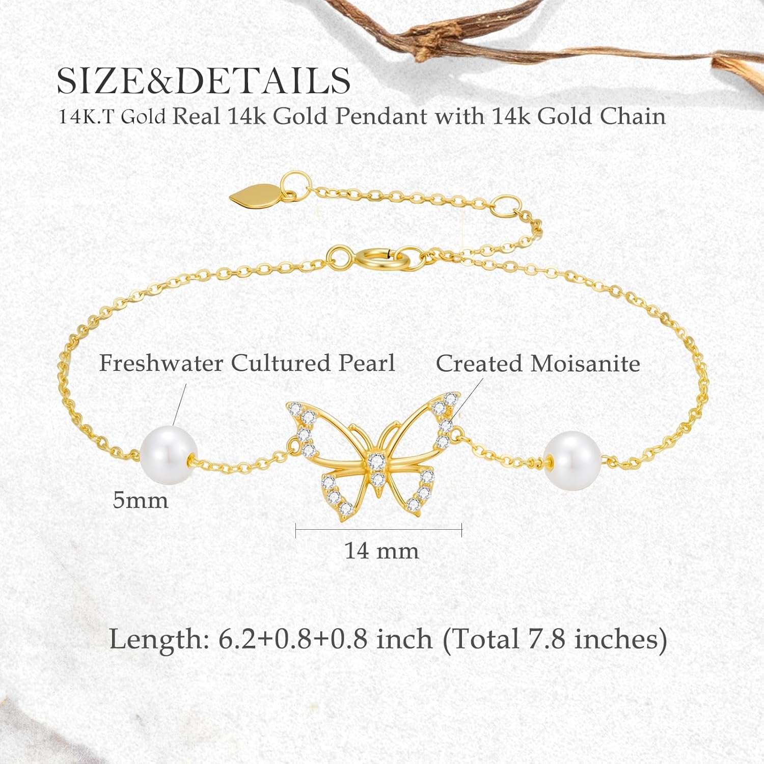 SISGEM 14k Gold Butterfly Bracelet for Women, Created Moissanite and Freshwater Cultured Pearl Hand Jewelry Gifts for Her 6.2"-7.8"