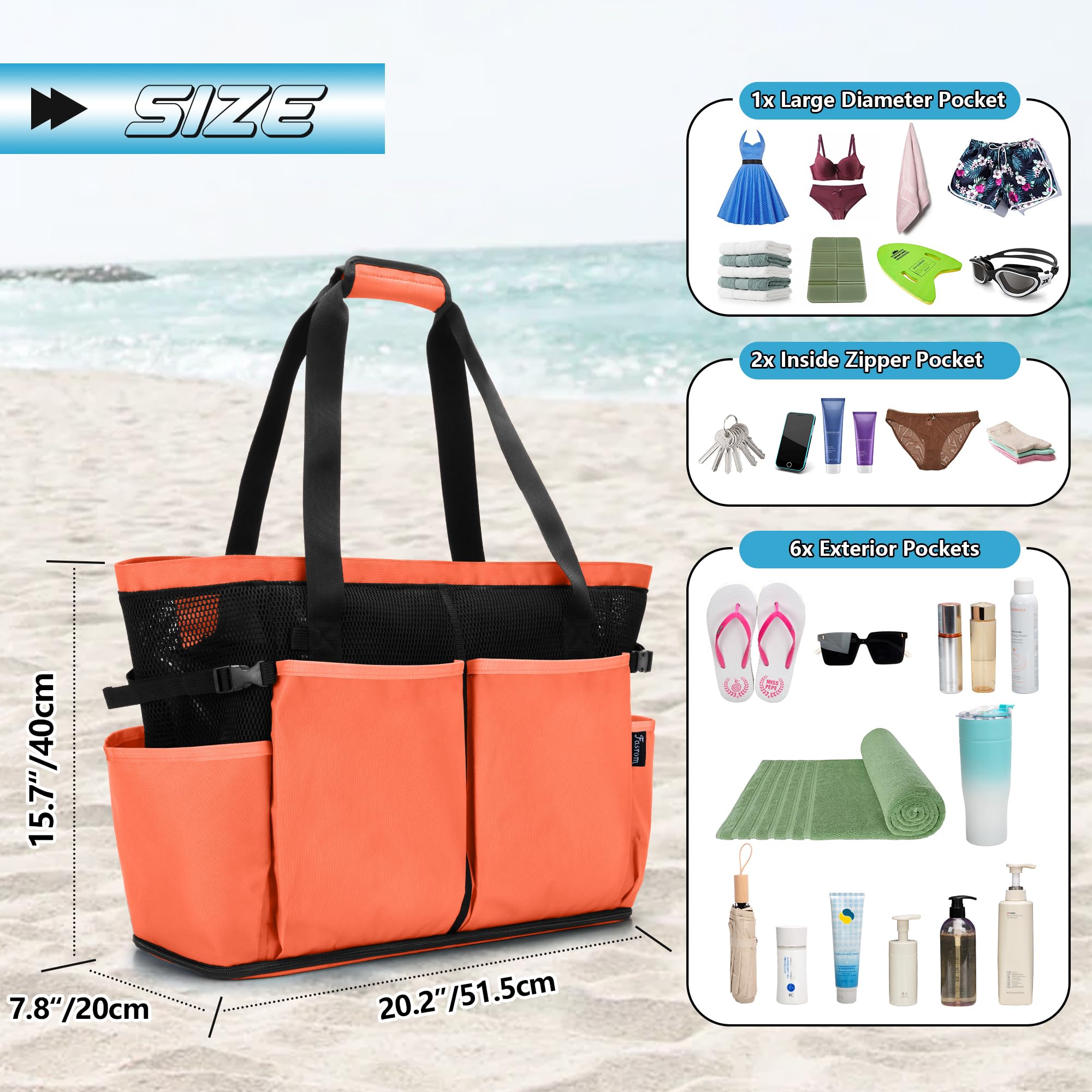 Fasrom Bolsa de Playa de Malla Extra Grande con Cremallera, Naranja | Apertura Inferior Sacude Arena, Bolsillo Impermeable, 6 Bolsillos, Correas Acolchadas, Bolsa Gran Tamano