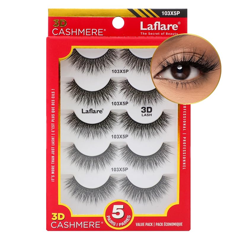 Cílios postiços 3D Cashmere Laflare, modelo 103X5P, pacote com 5 pares