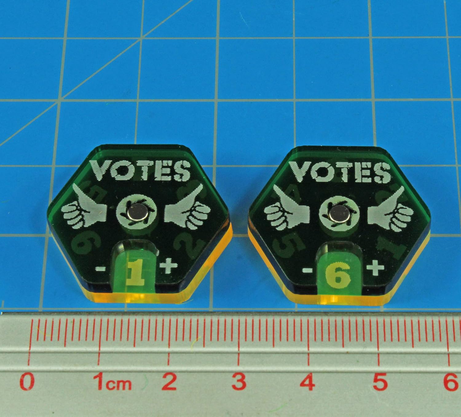 LITKO Gaslands Miniatures Game Dials | Compatible with Gaslands | Refulled | Gear | Ammo | Vote | Hazard | 2 Pack (Translucent Green & Fluorescent Yellow -Vote)
