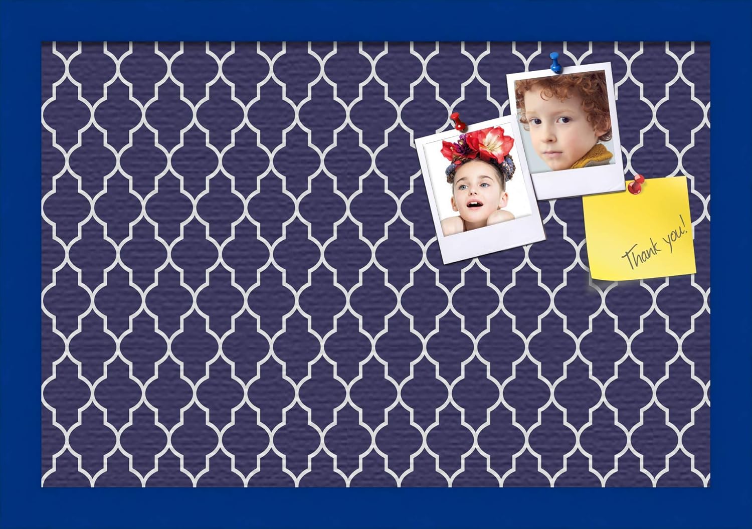 ArtToFrames 20x16 Custom Cork Bulletin Board. This Quatrefoil Navy Pin Board Has a Fabric Style Canvas Finish, Framed in Blue Stain on Beech (PinPix-285-20x16_0066-81792-YBLU)