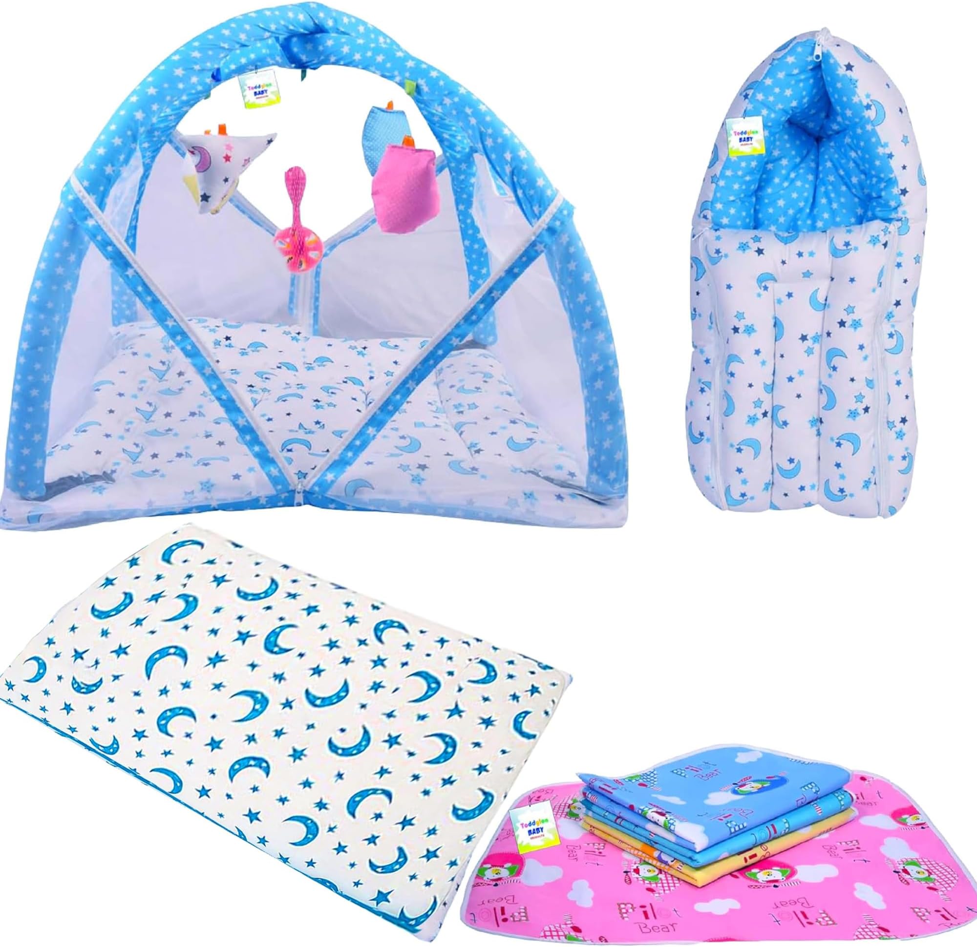 Toddylon Baby Bedding Set New Born Baby Bed | Mattress | Mosquito Net | Carry Bag | Essentials | Carry Bag | Cotton Combo | Infant beds | Products (0-6 Months) (4PCS Set)