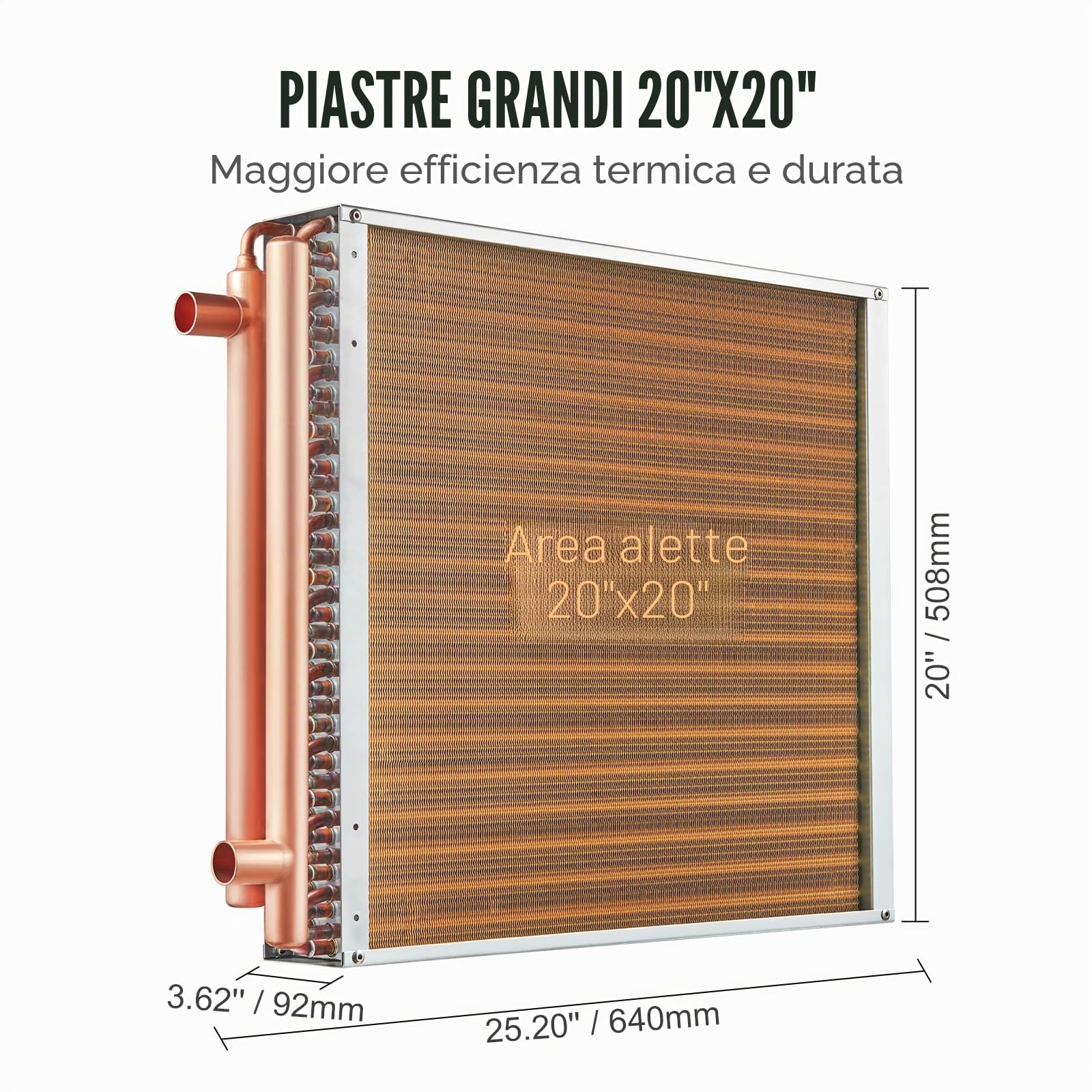 VEVOR Scambiatore di Calore Acqua-Aria, con Alette in Alluminio 242 per Forni a Legna Esterno, Riscaldamento e Raffreddamento Residenziale ad Aria Forzata Porte Rame 3 File 9,53 mm 50,8 x 50,8 cm