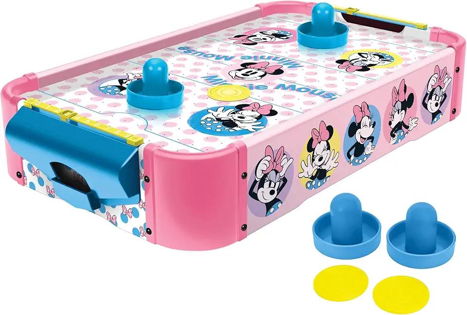 World Tech Toys Minnie Mouse Air Hockey Mesa para crianças – Jogo de mesa de madeira com disco, empurradores e sistema de fluxo de ar – Licenciado pela Disney – Crianças a partir de 4 anos