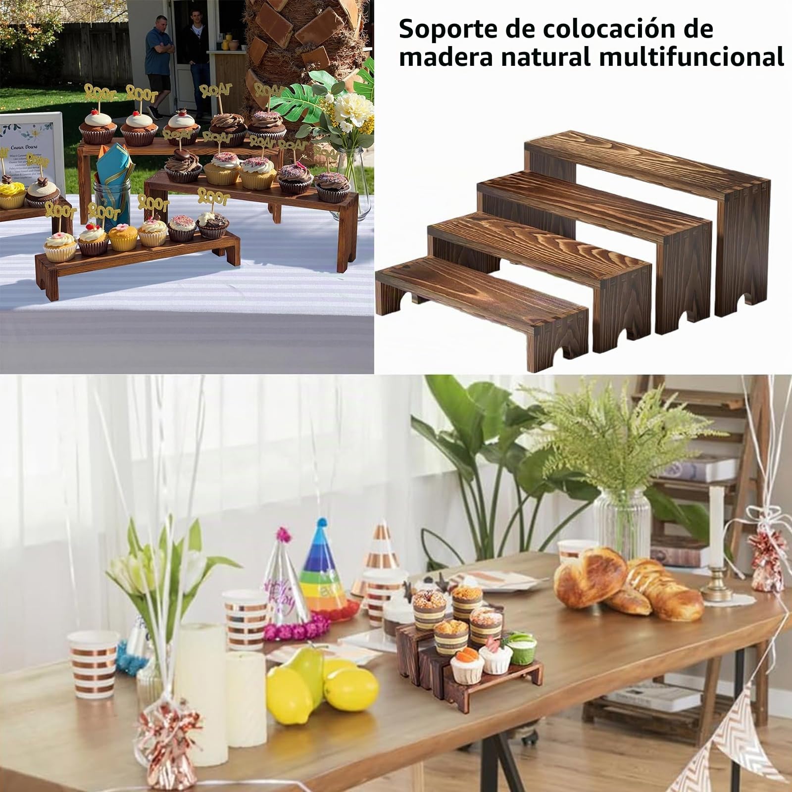 2Set Soporte Expositor de Madera Maciza 4 Niveles, Vitrina para Perfumes, Organizador de Expositor Metacrilato Objetos, Alza para Buffet, Estantería para Figuras Pop, Libros, Decoración